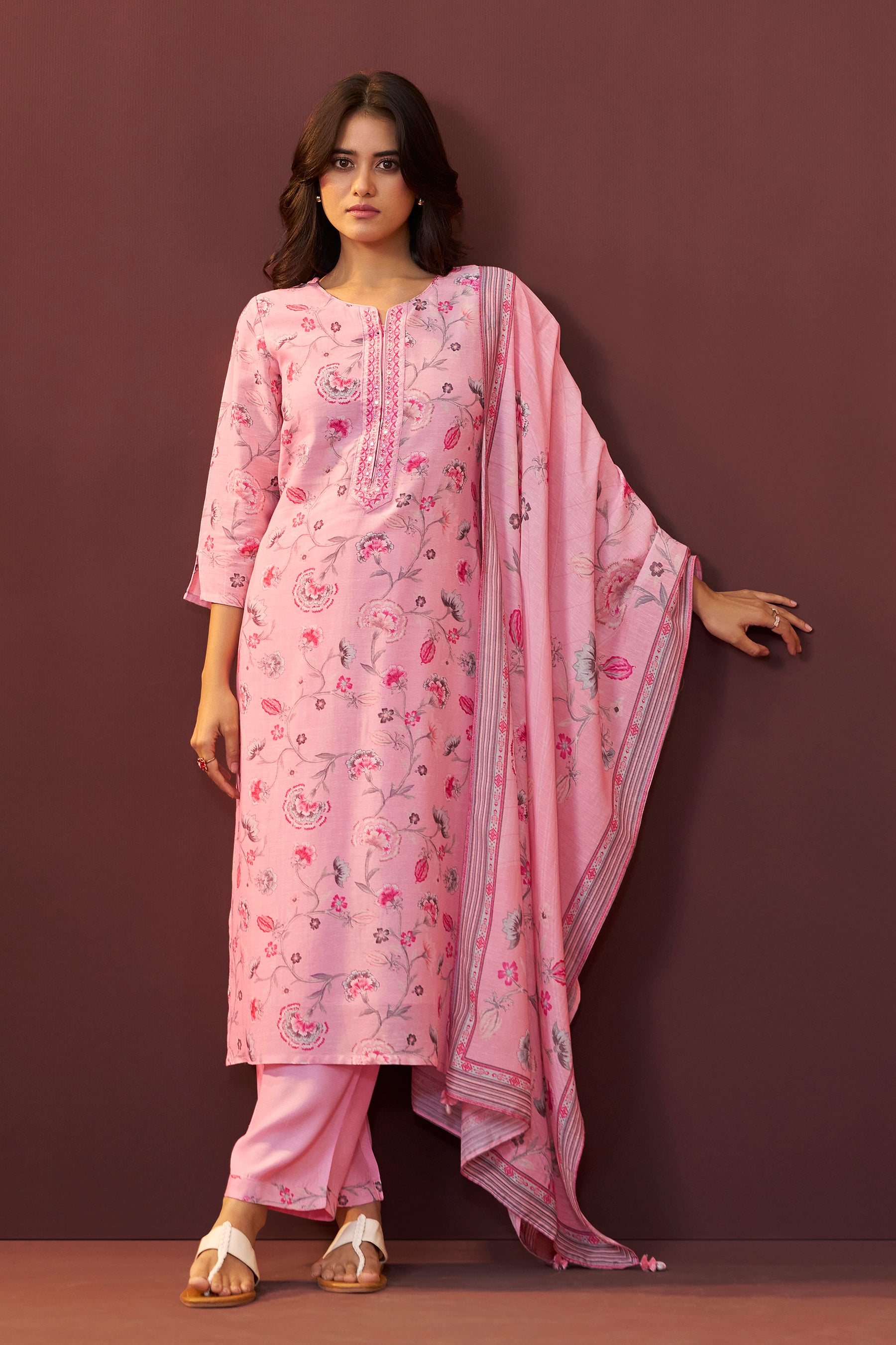 Florayne Pink Linen Embroidered Kurta Set