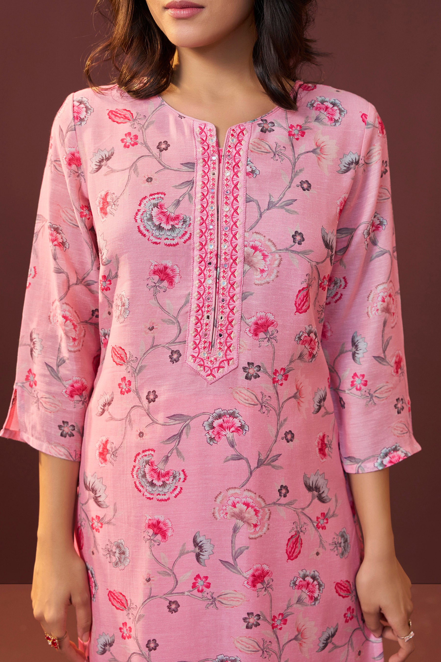 Florayne Pink Linen Embroidered Kurta Set