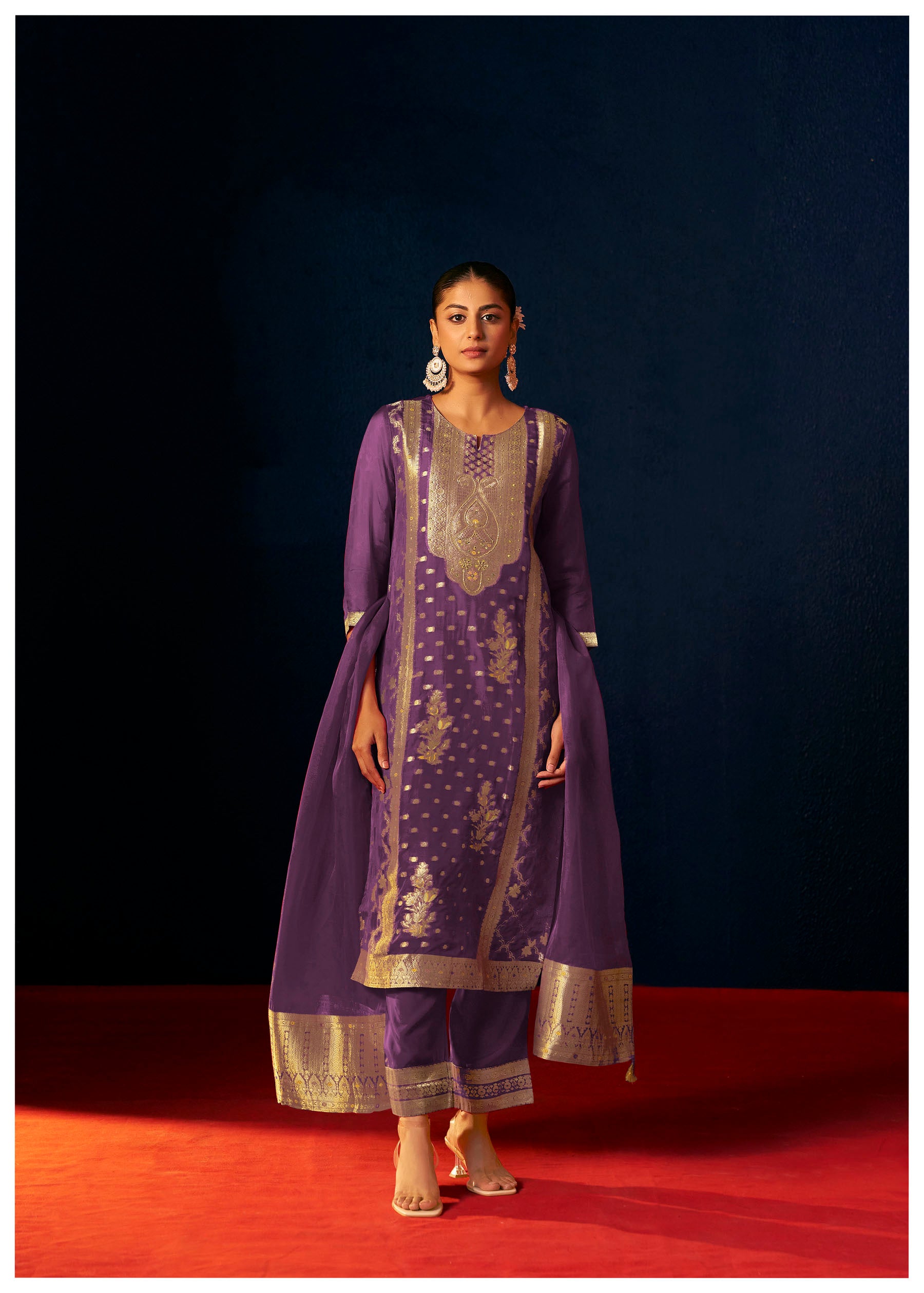 Aurevya Purple Organza Jacquard Kurta Set