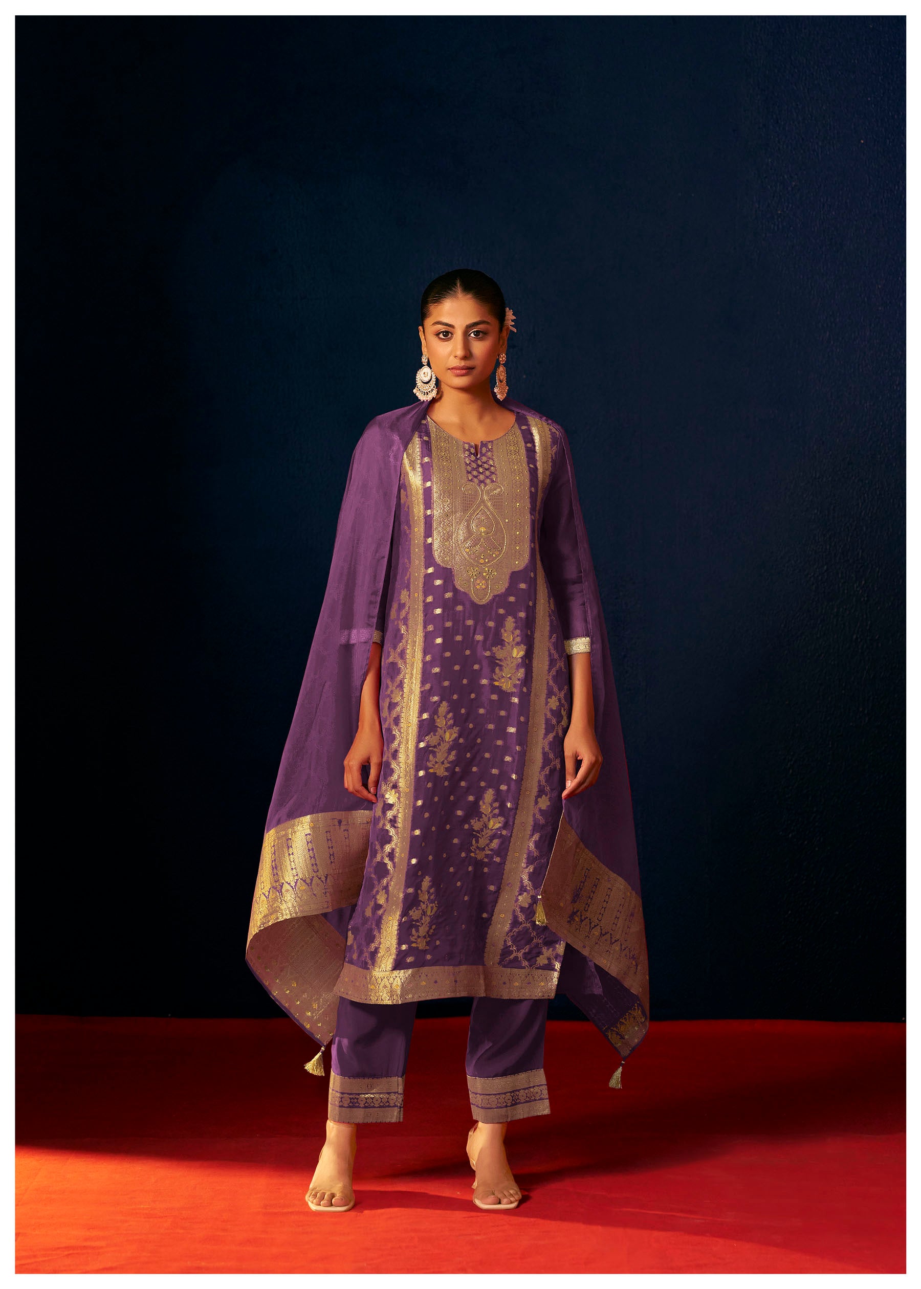 Aurevya Purple Organza Jacquard Kurta Set