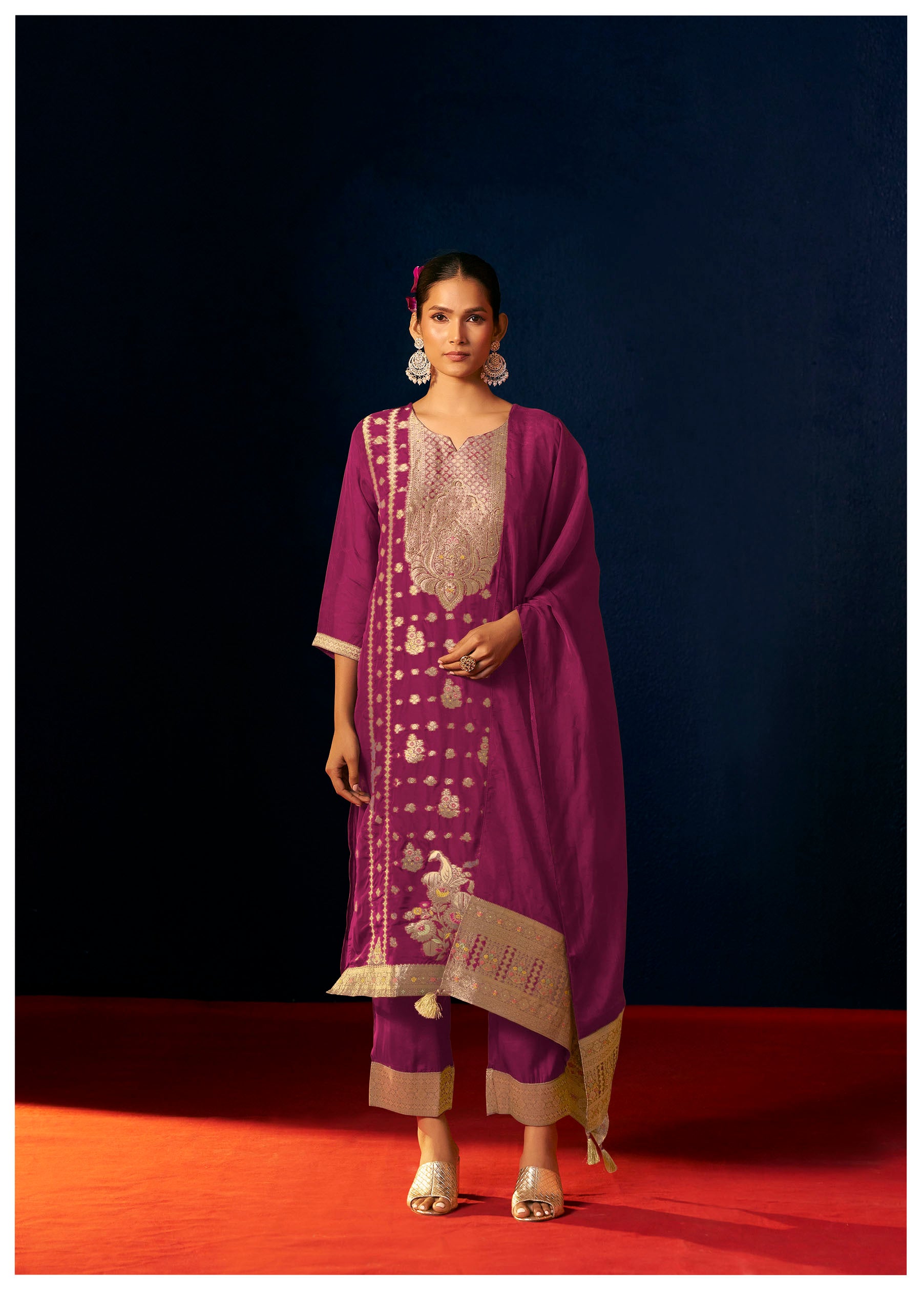 Elurea Pink Organza Jacquard Kurta Set