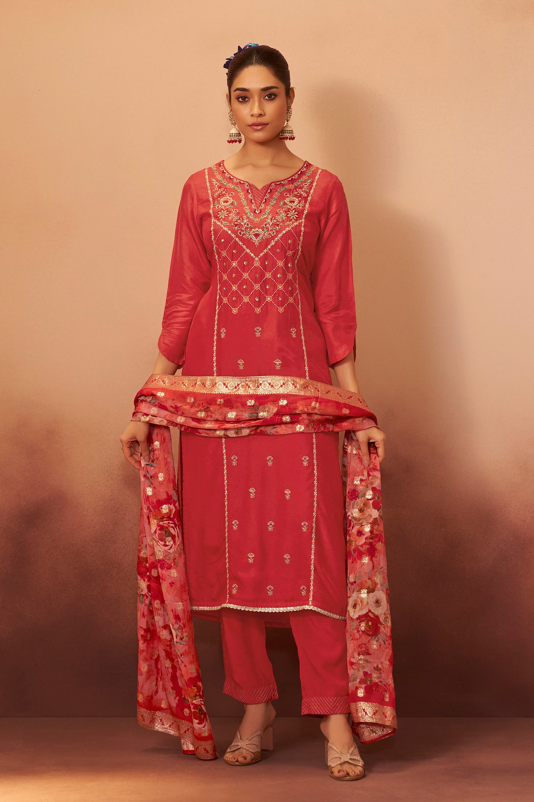 Digital Print Organza Jacquard Dupatta Set – Orange