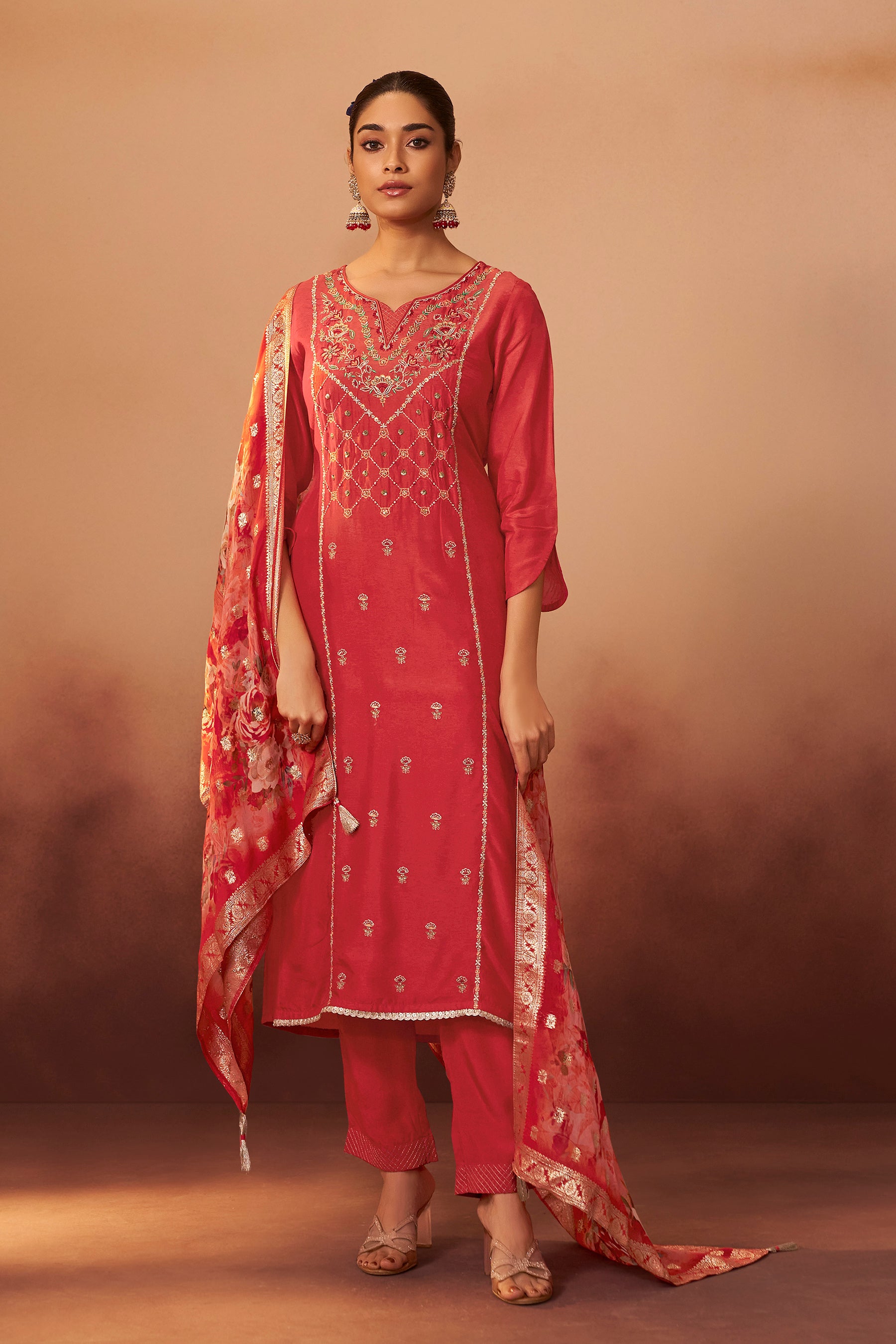 Digital Print Organza Jacquard Dupatta Set – Orange