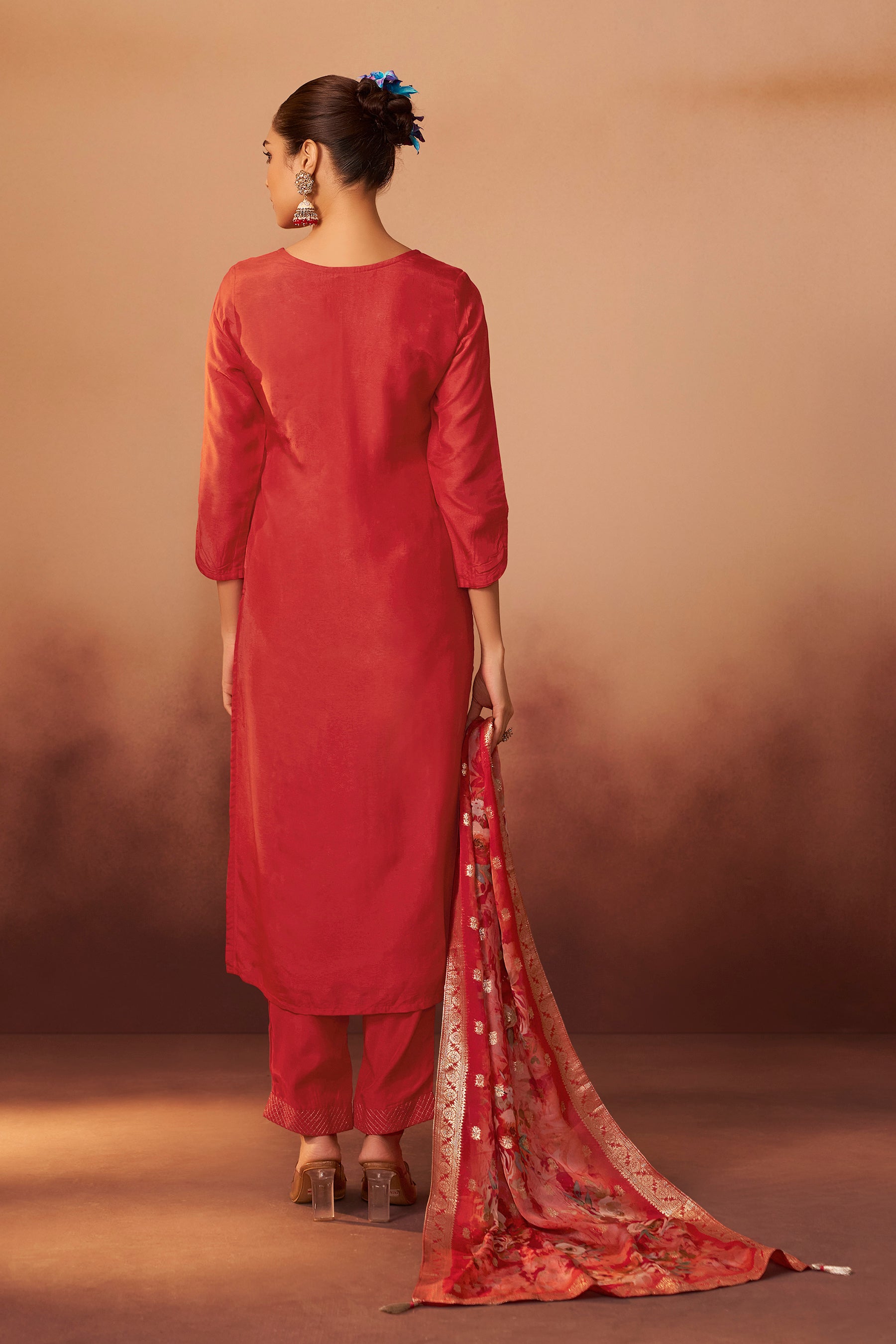 Digital Print Organza Jacquard Dupatta Set – Orange