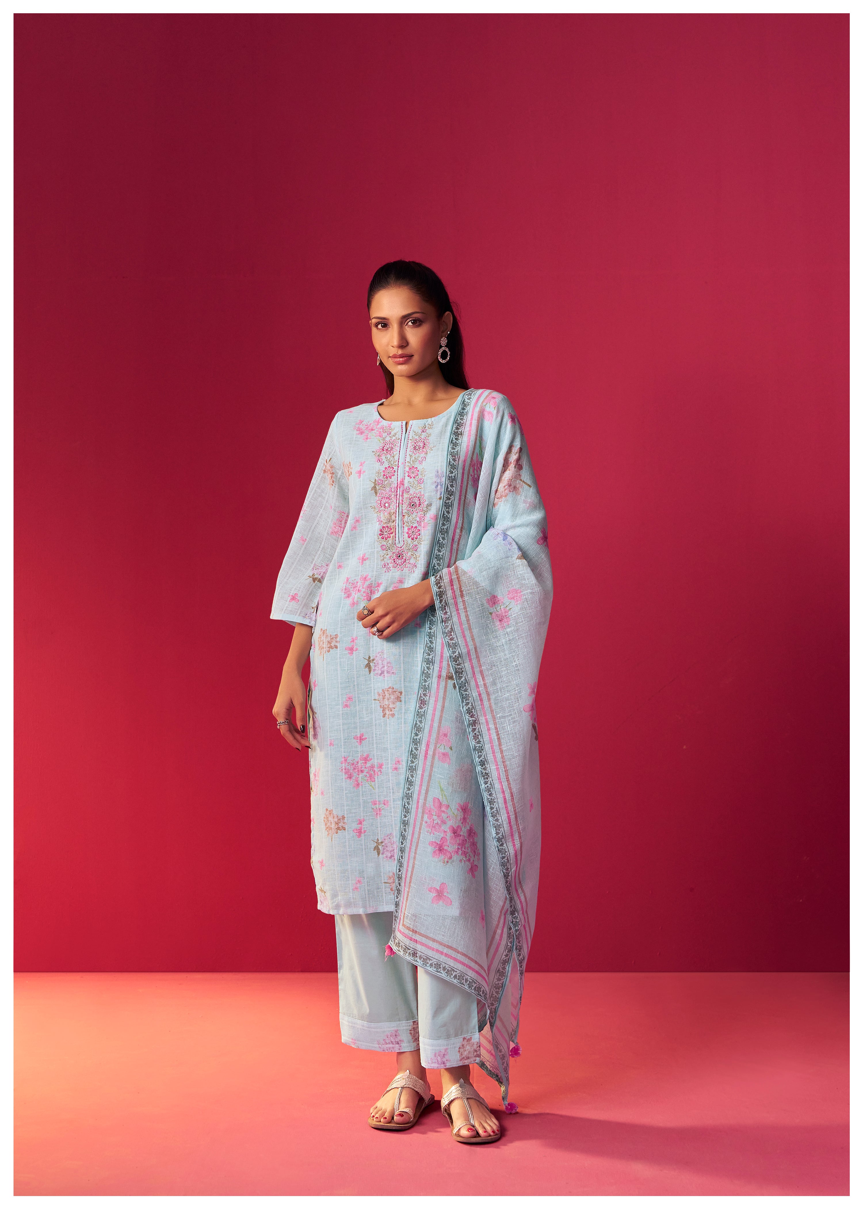 Linen Embroidered Digital Print Kurta Set
