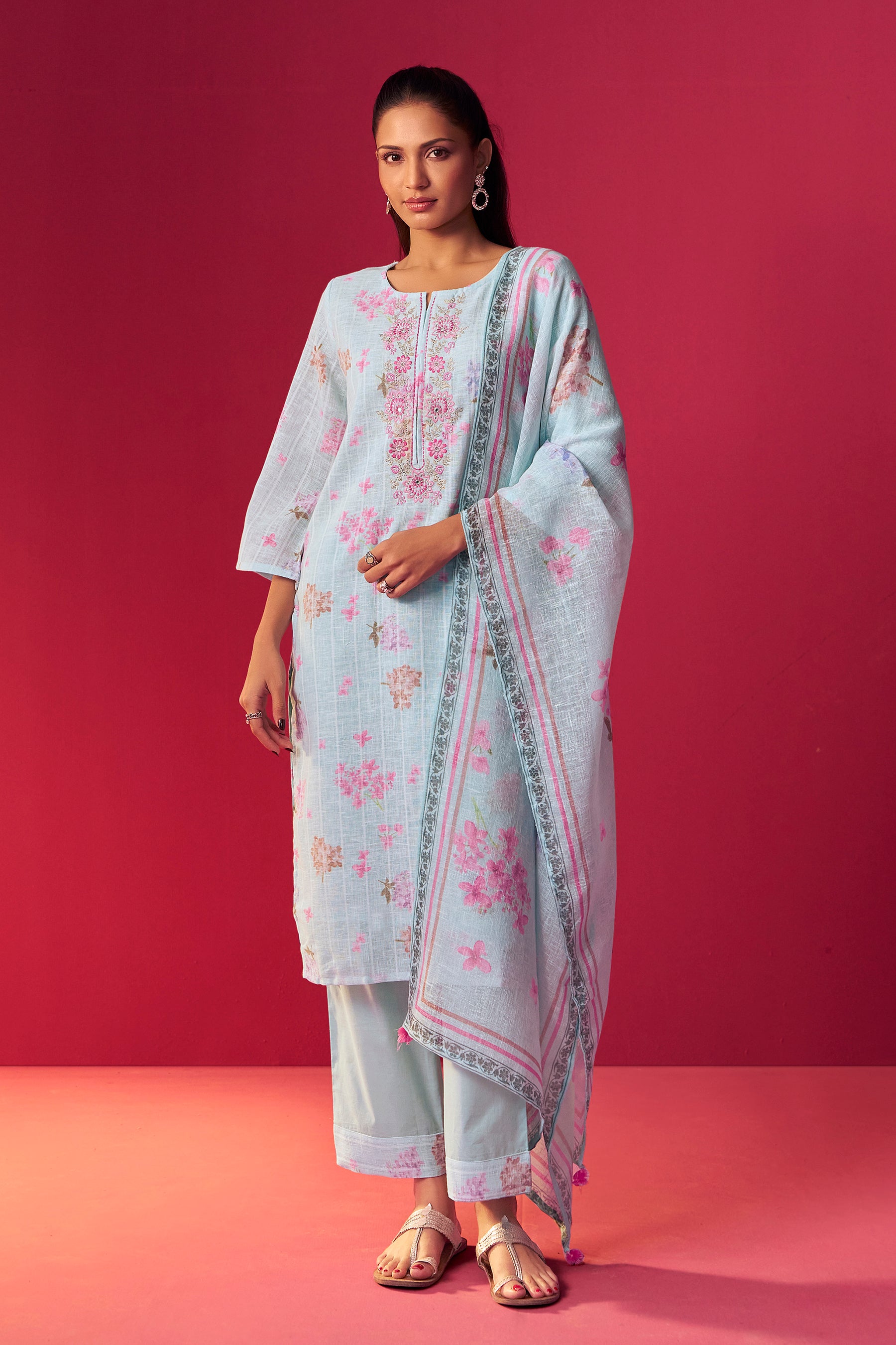 Linen Embroidered Digital Print Kurta Set