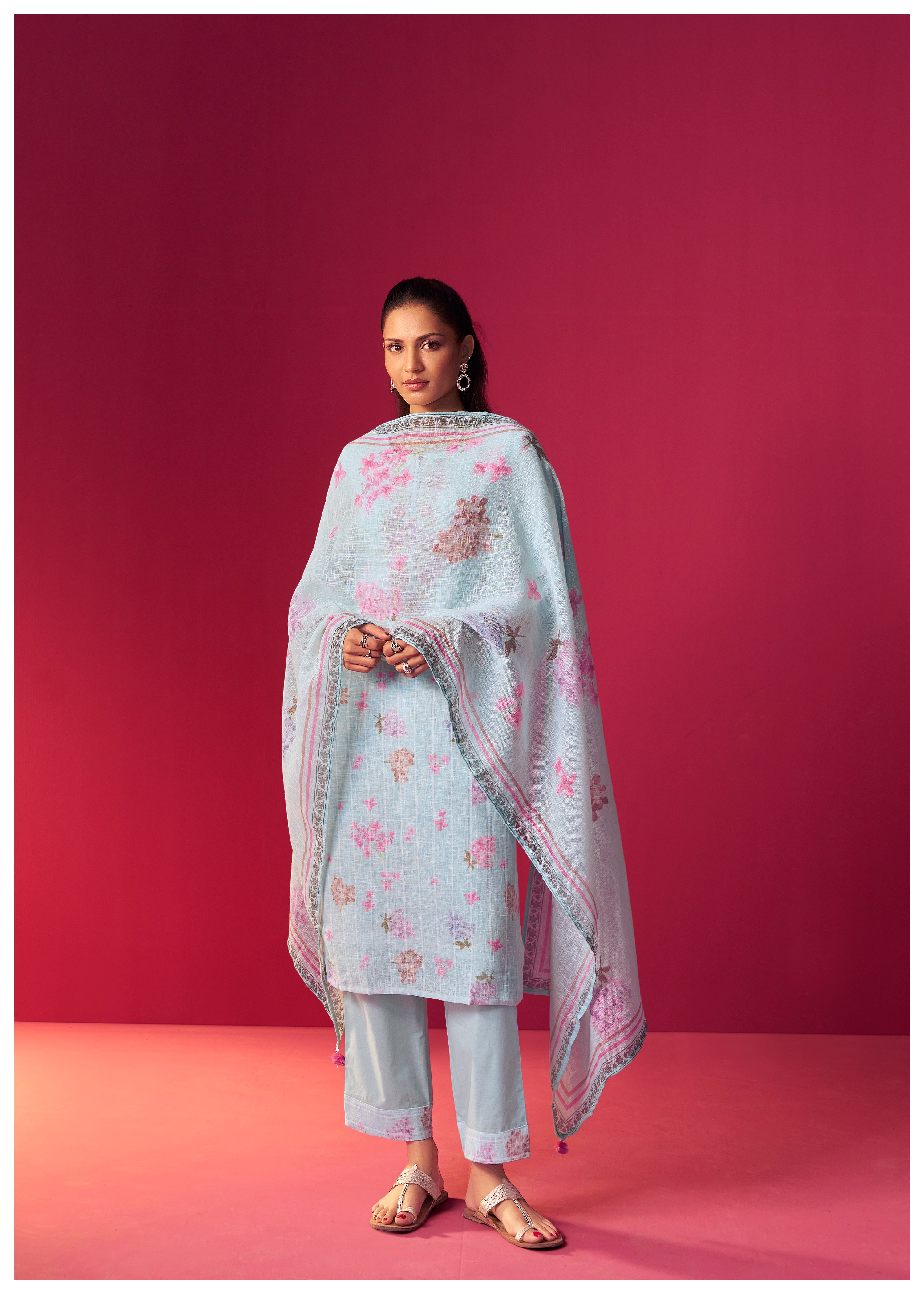 Linen Embroidered Digital Print Kurta Set