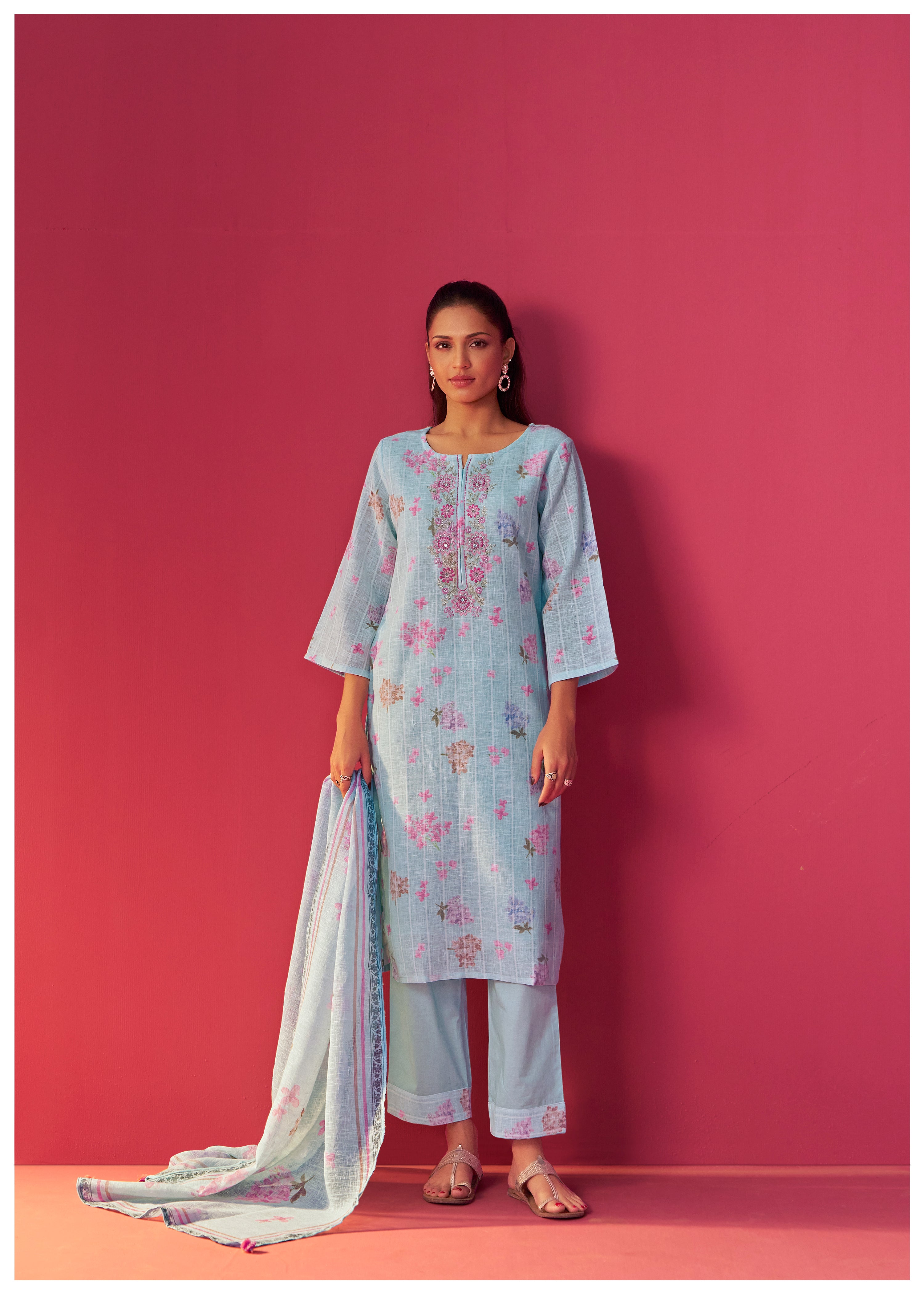Linen Embroidered Digital Print Kurta Set