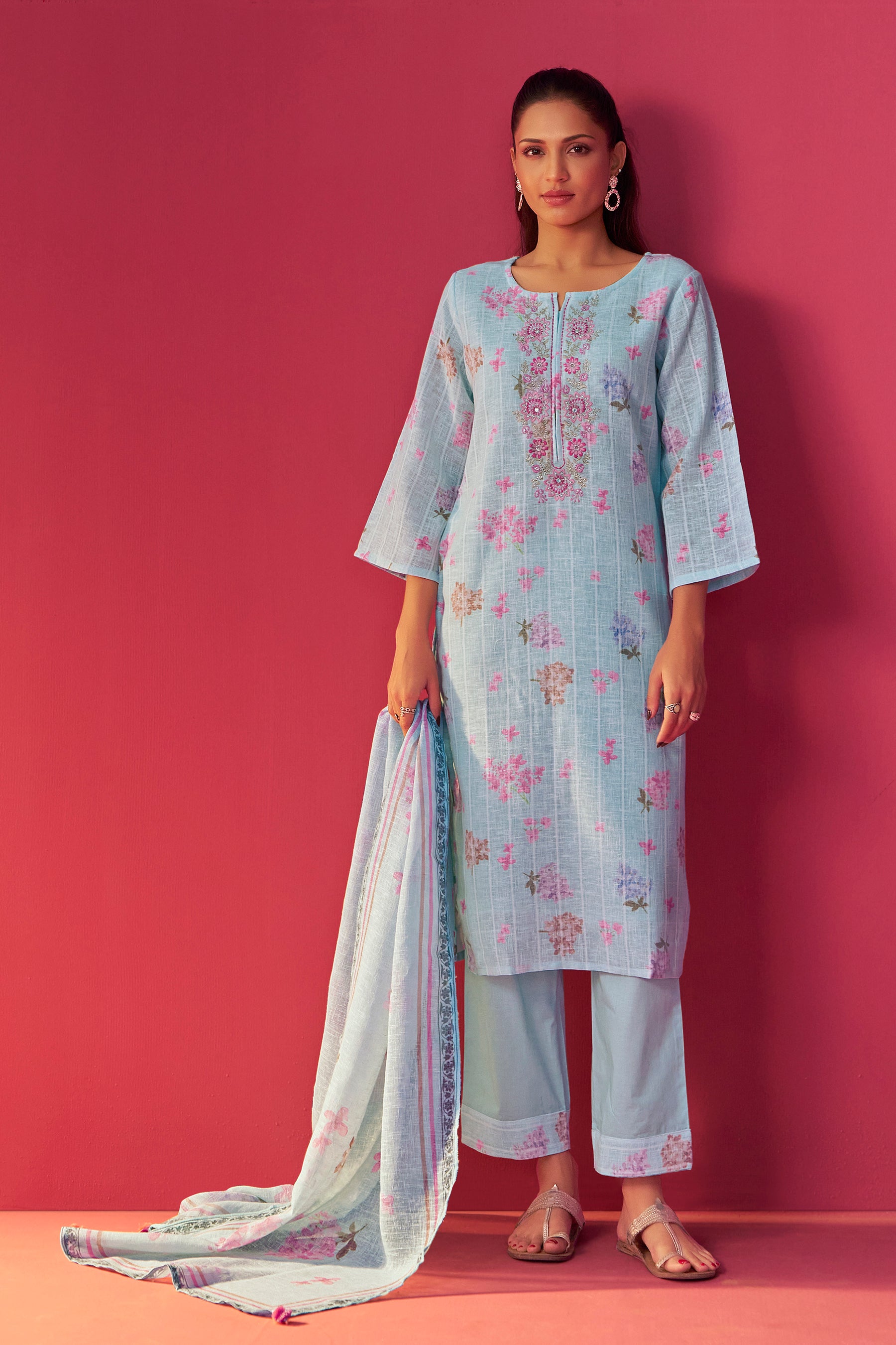 Linen Embroidered Digital Print Kurta Set