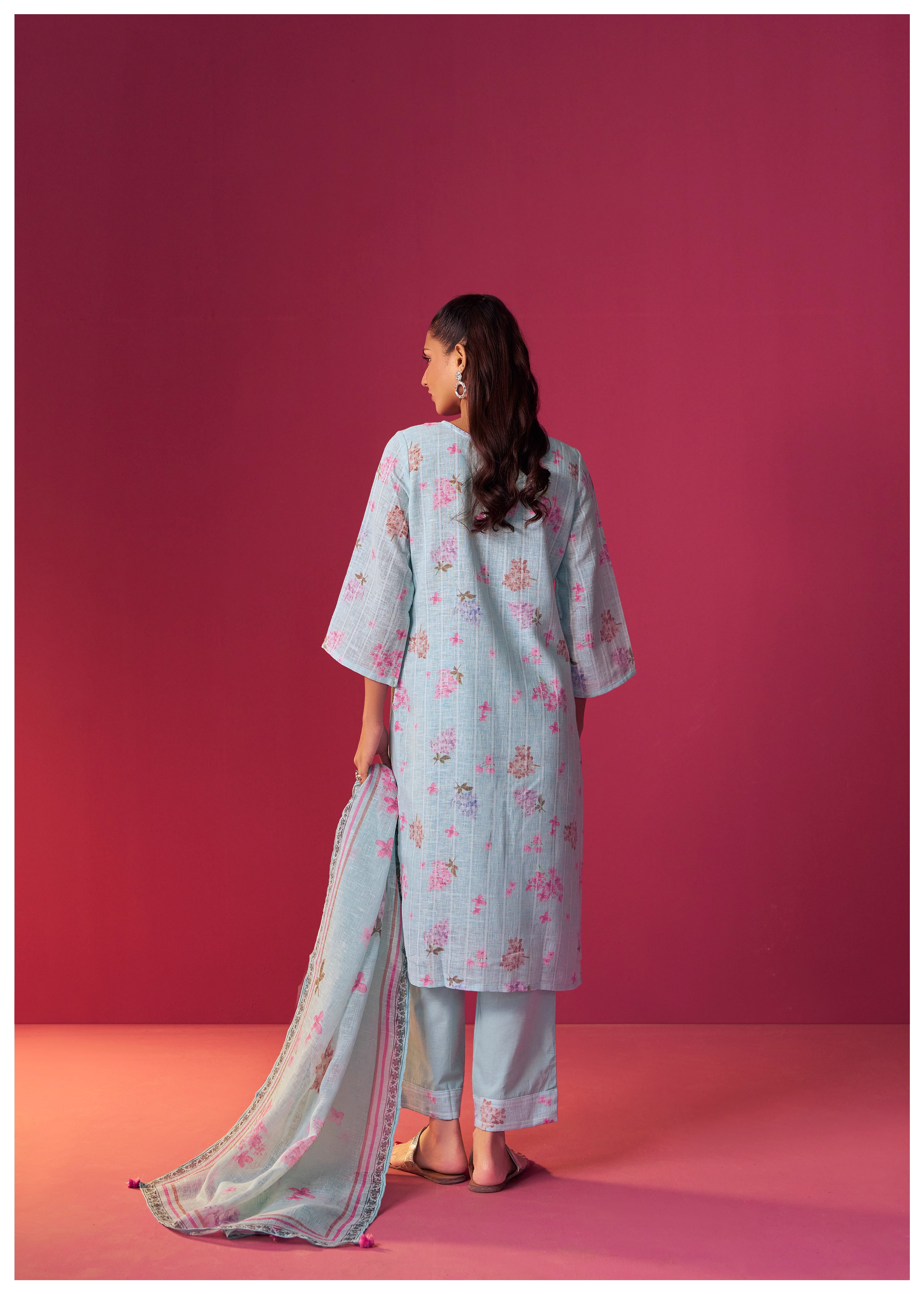 Linen Embroidered Digital Print Kurta Set