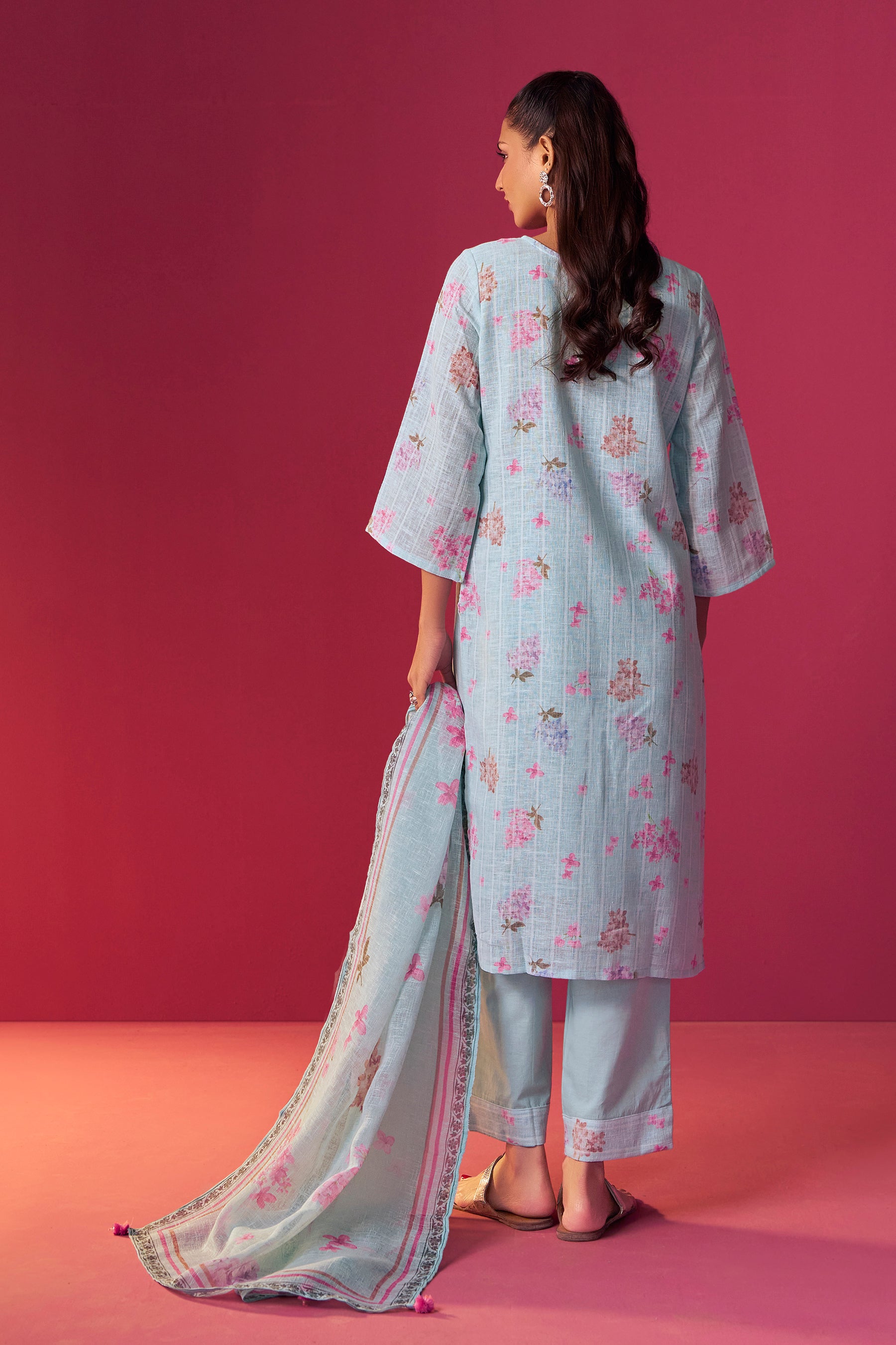 Linen Embroidered Digital Print Kurta Set