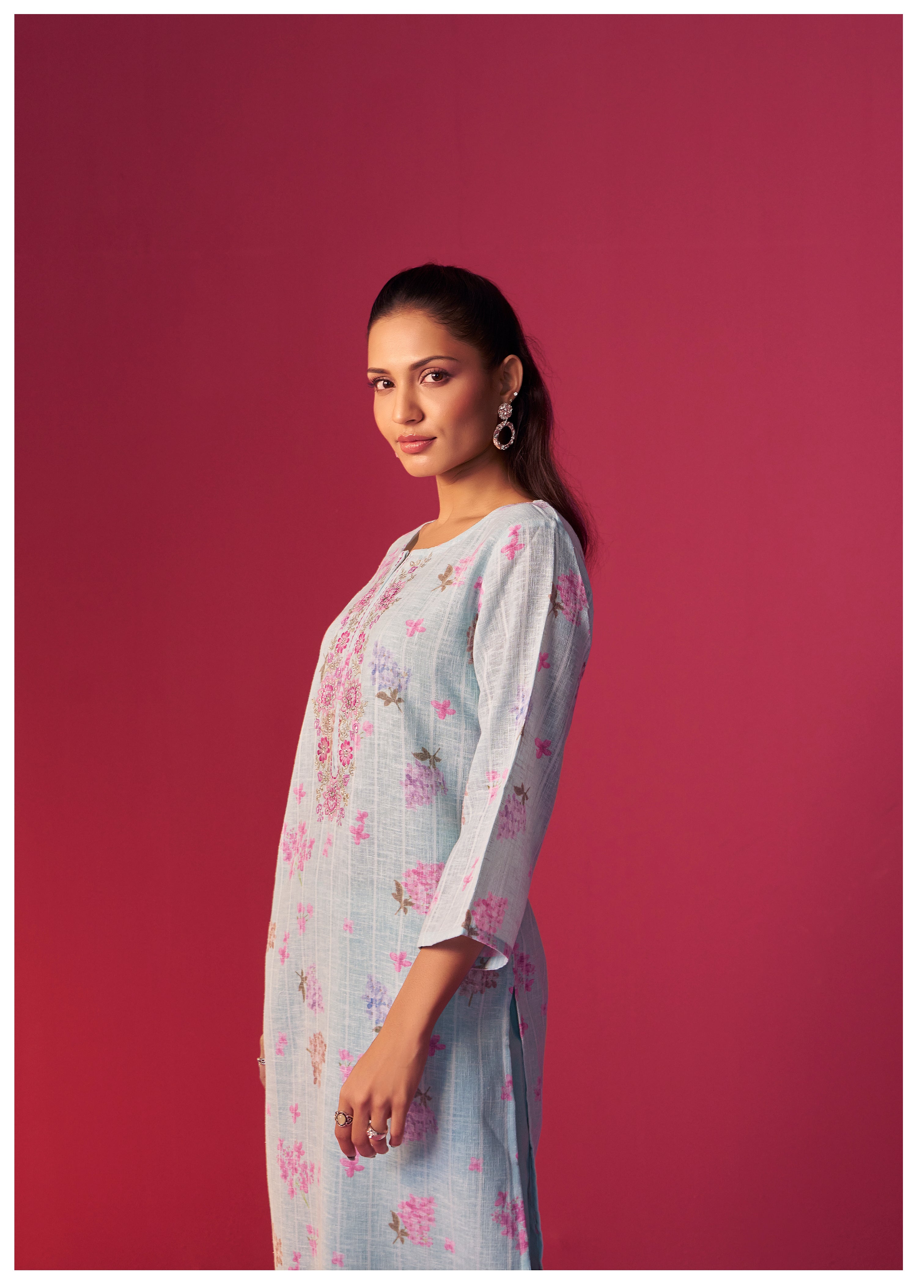 Linen Embroidered Digital Print Kurta Set