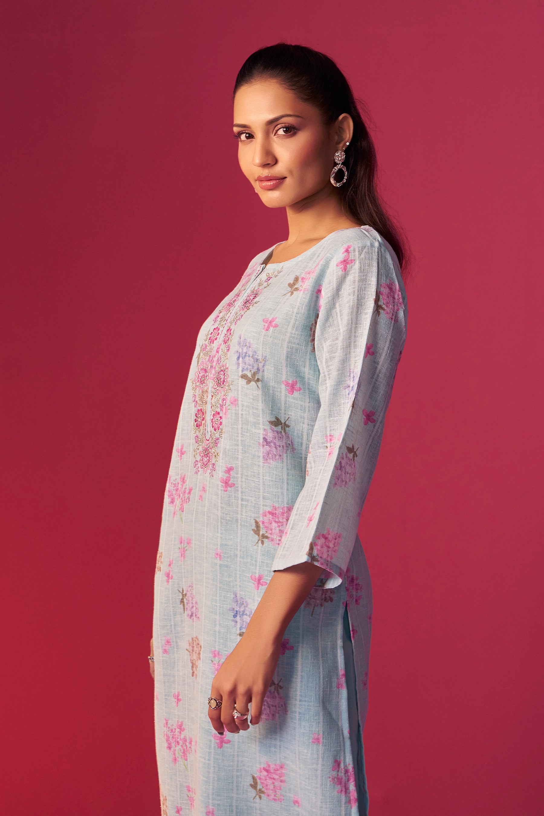 Linen Embroidered Digital Print Kurta Set