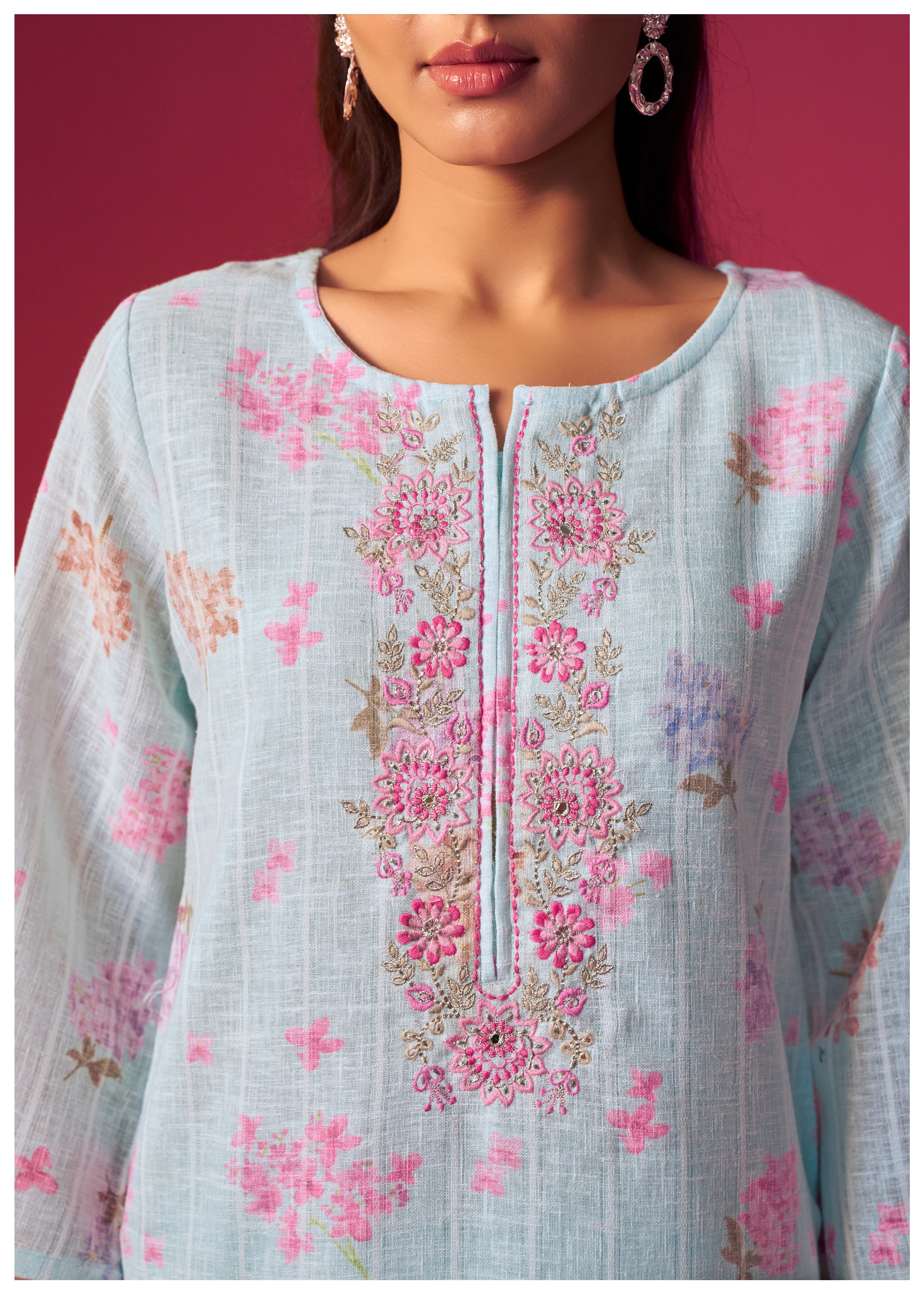 Linen Embroidered Digital Print Kurta Set