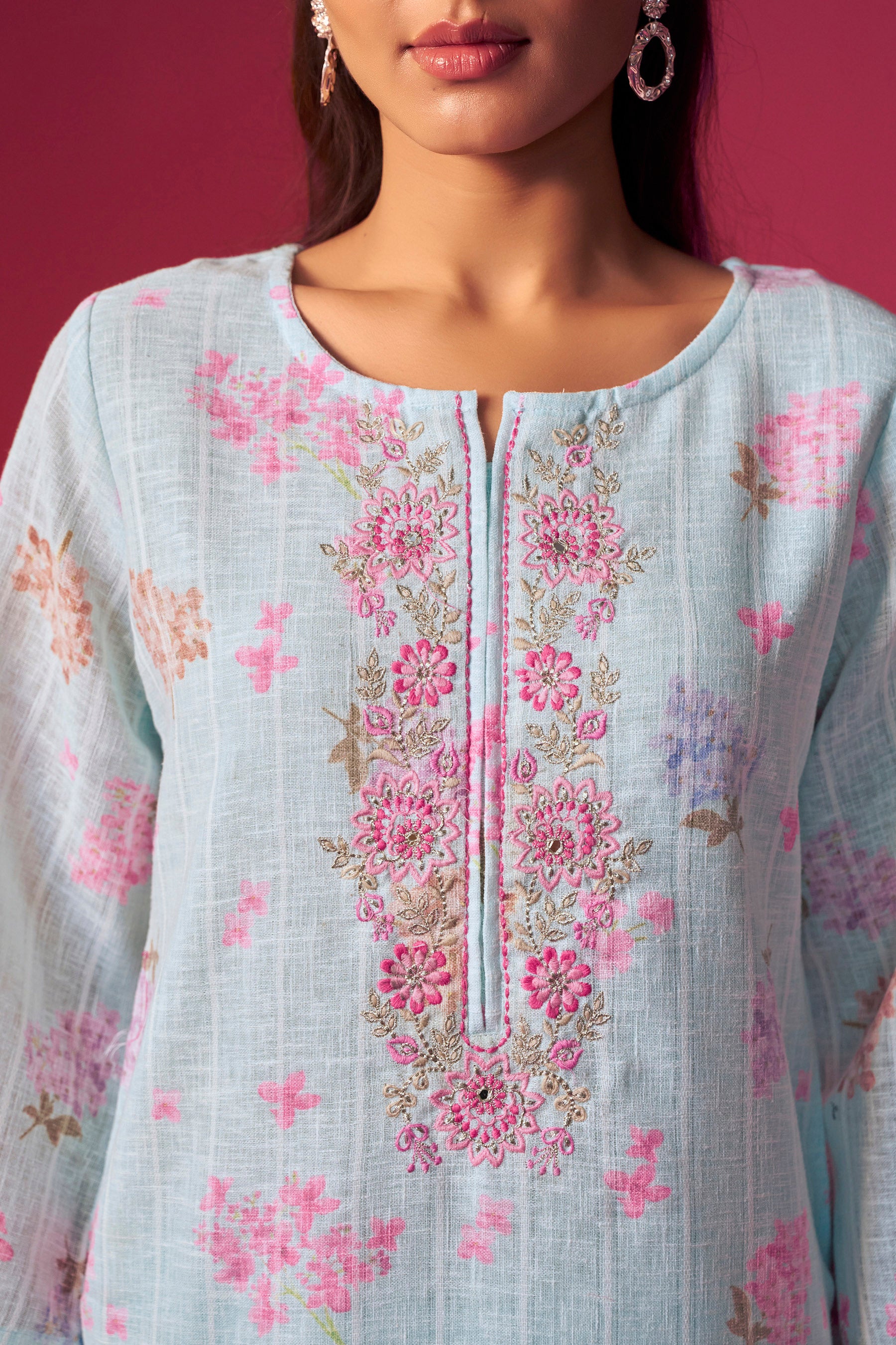 Linen Embroidered Digital Print Kurta Set