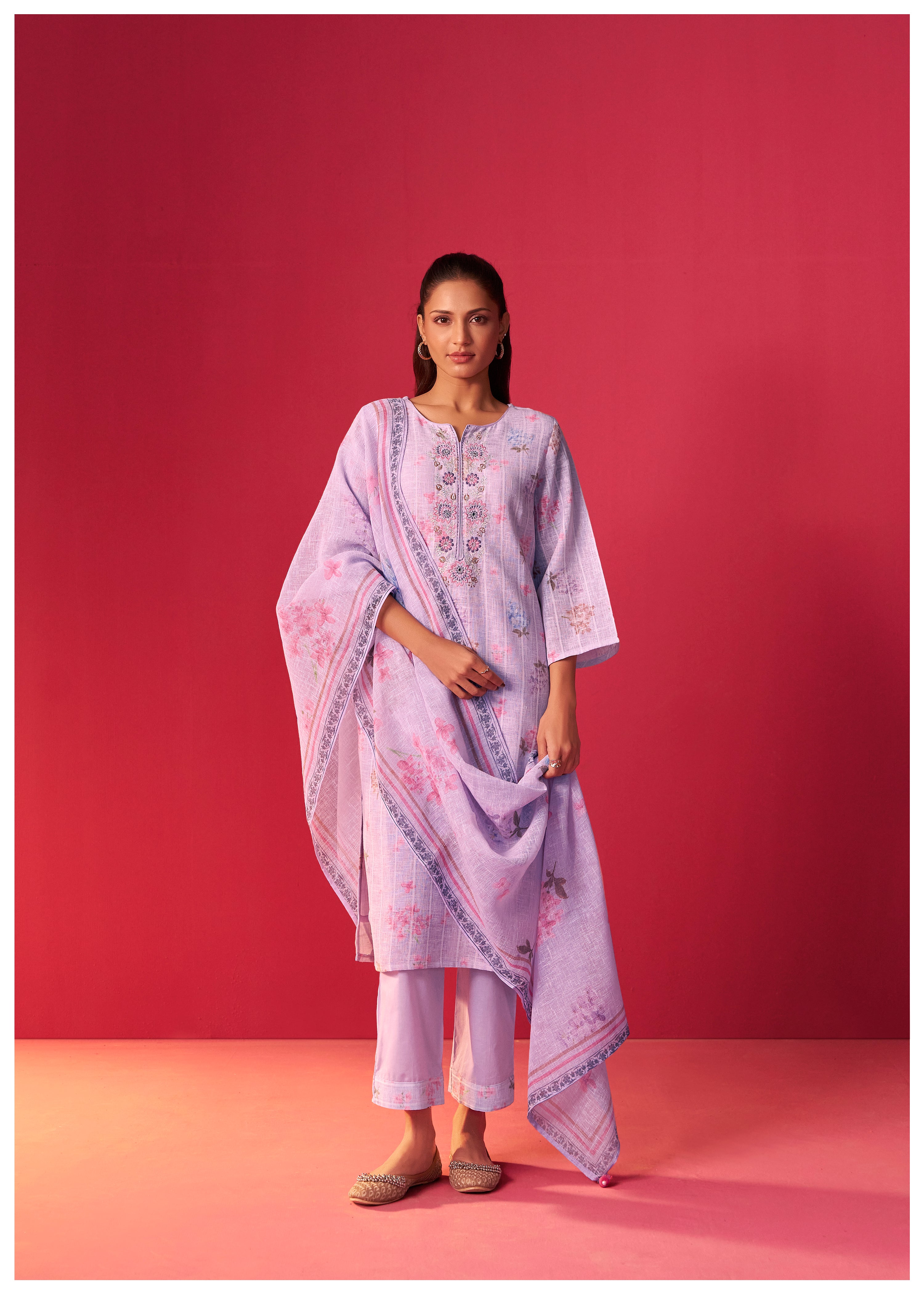 Linen Embroidered Digital Print Kurta Set