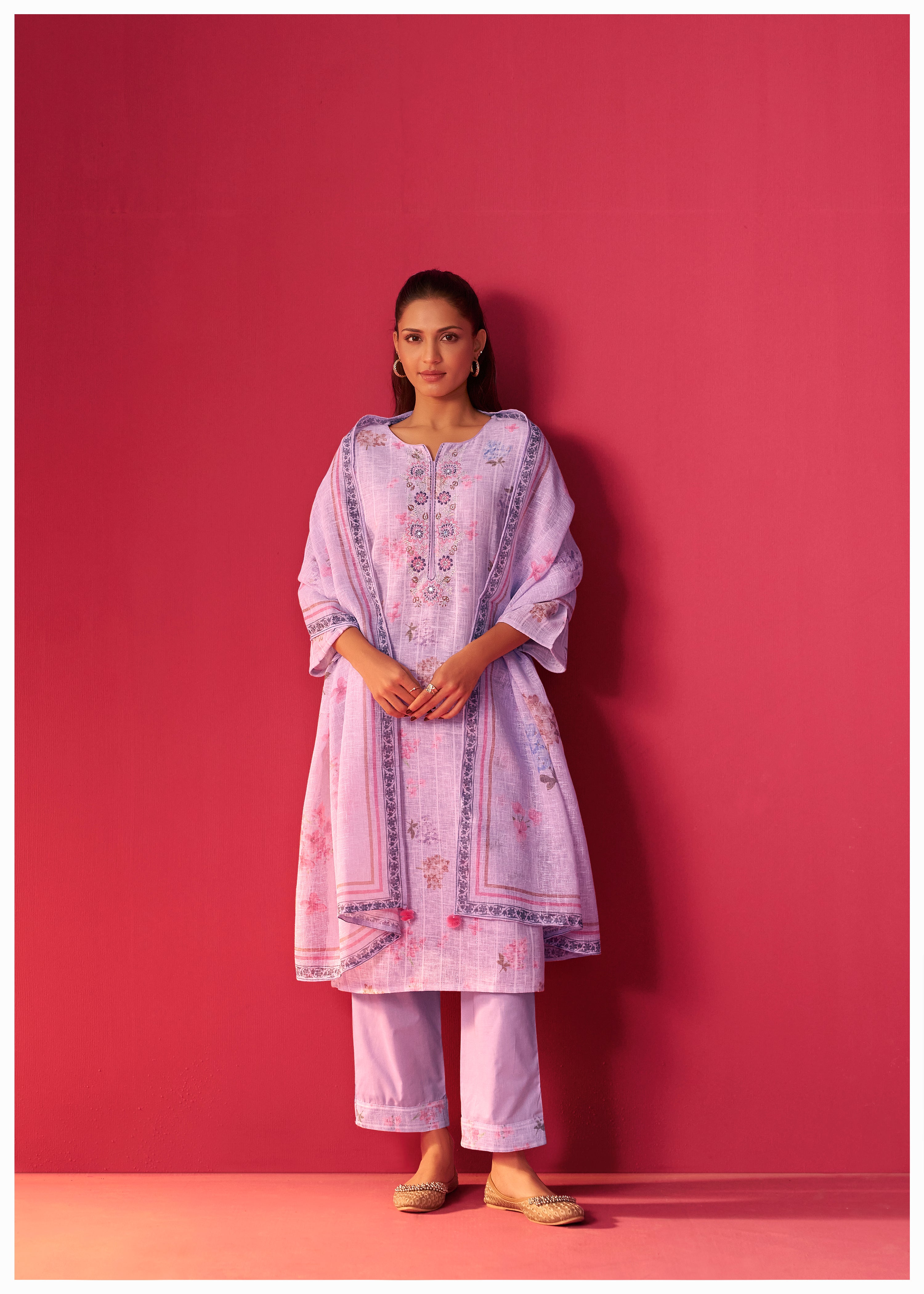 Linen Embroidered Digital Print Kurta Set
