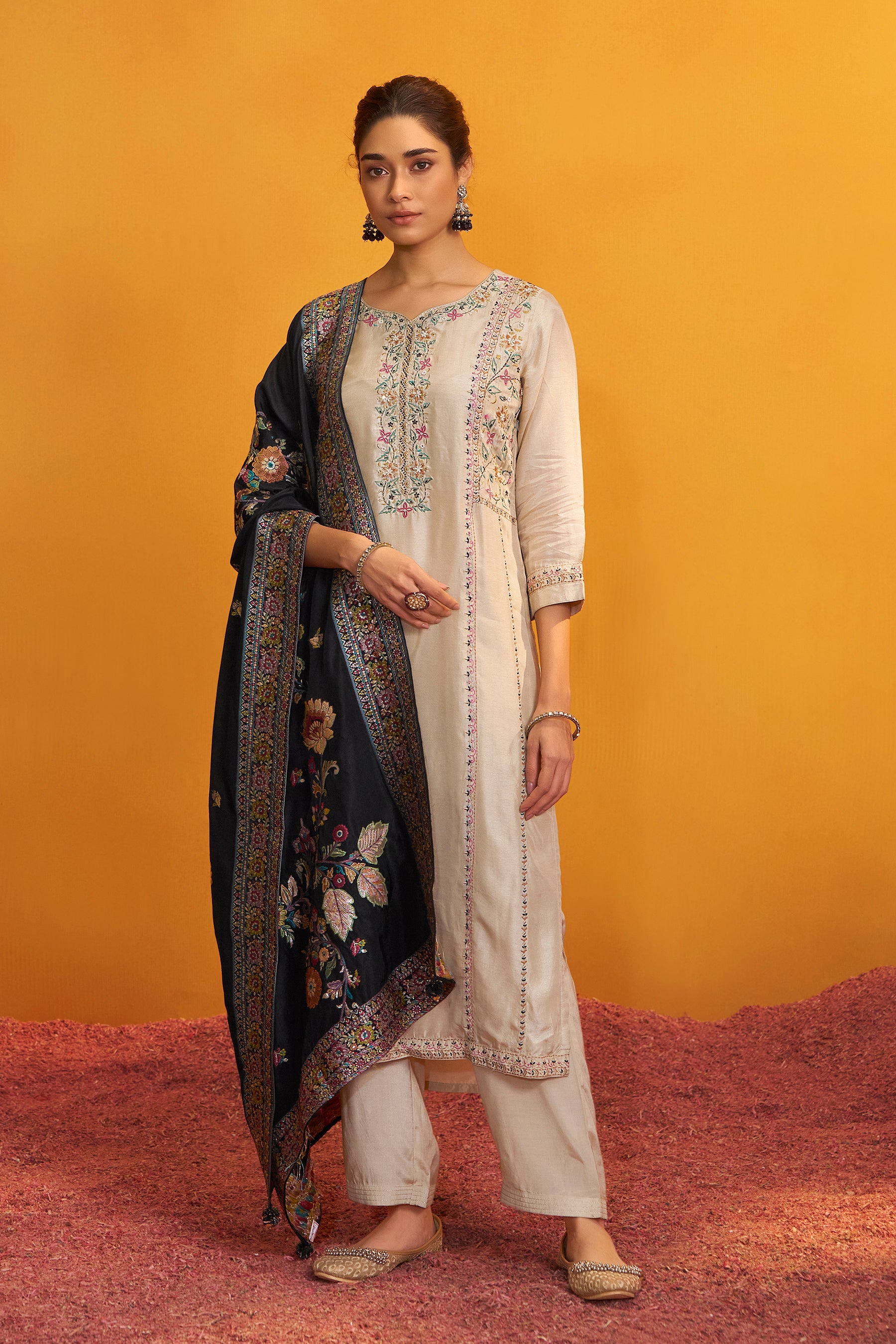 Russian Silk Kurta with Contrast Jacquard Dupatta – Cream