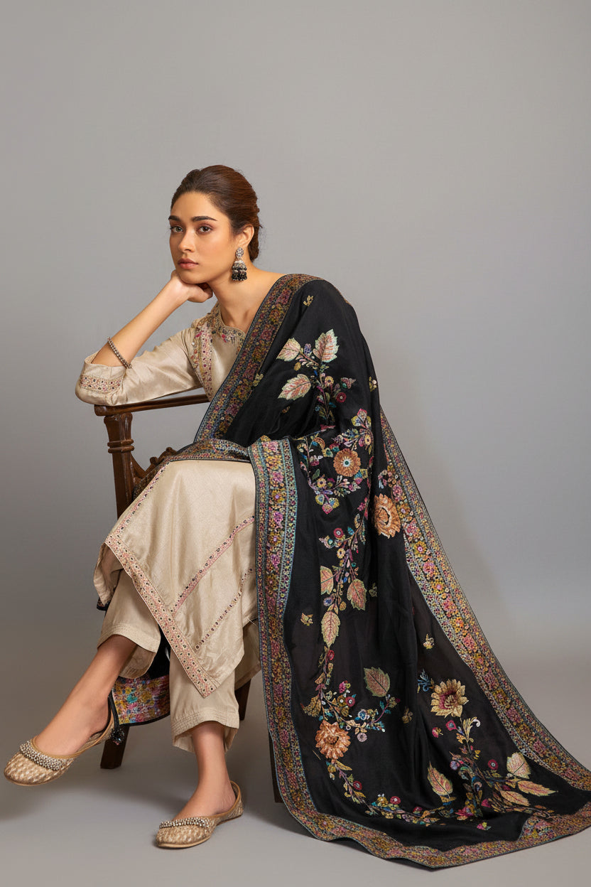 Russian Silk Kurta with Contrast Jacquard Dupatta – Cream