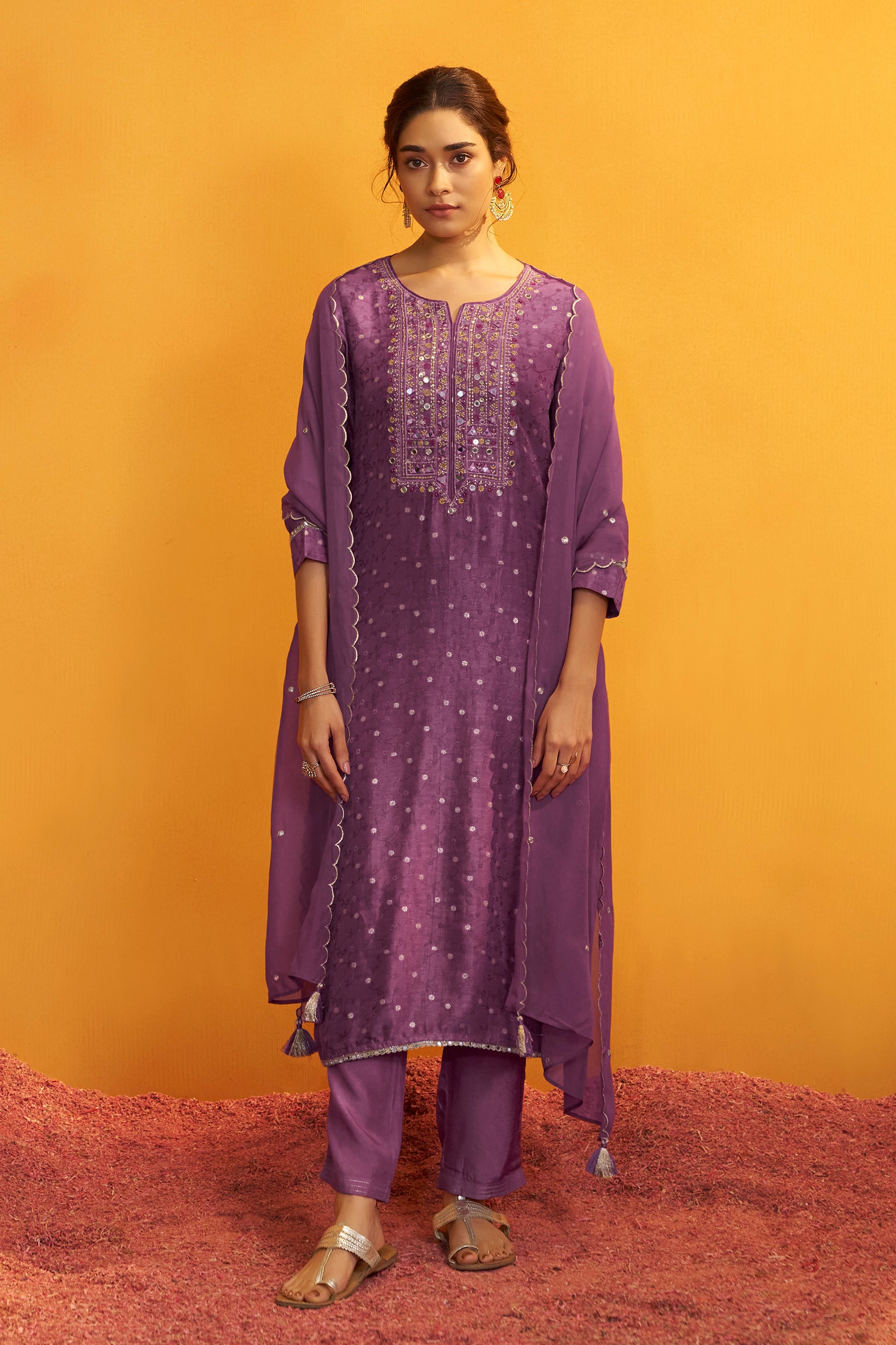 Mirror Embroidery Kurta Set – Purple
