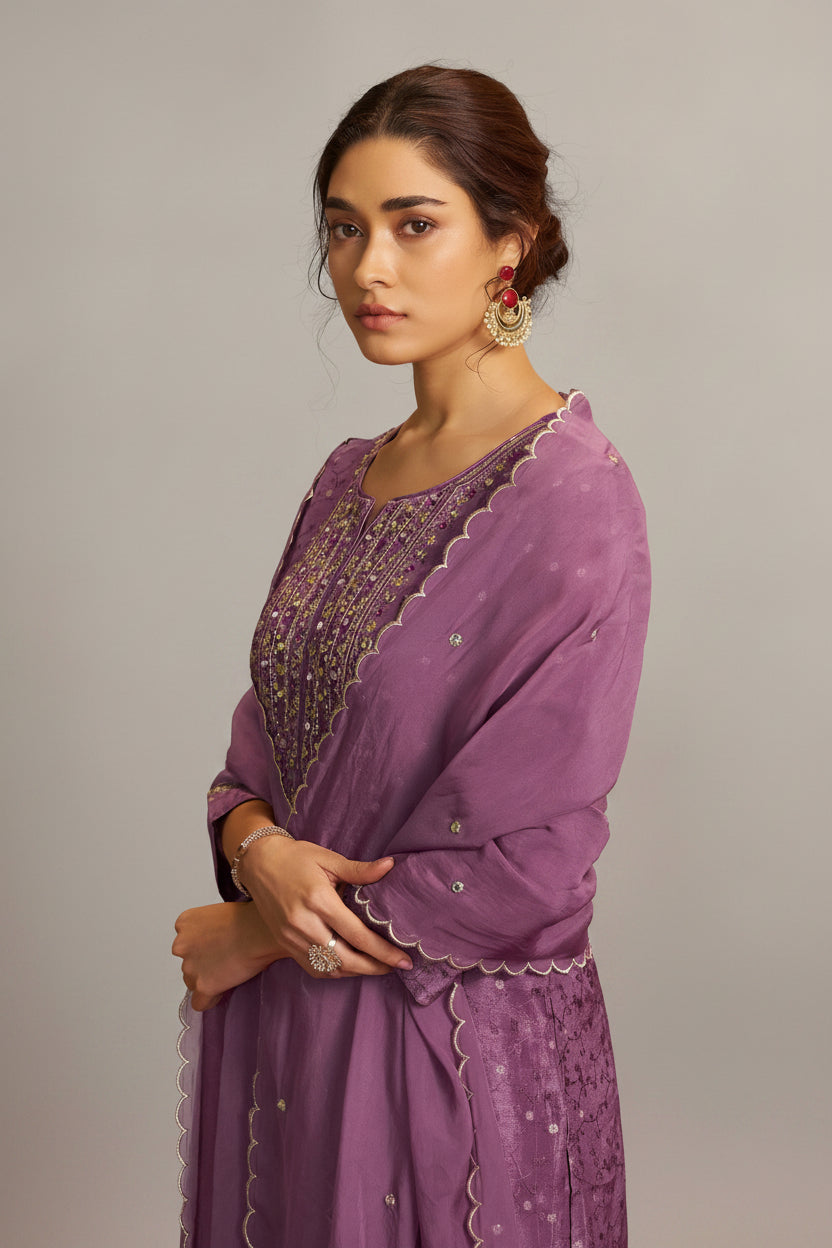 Mirror Embroidery Kurta Set – Purple
