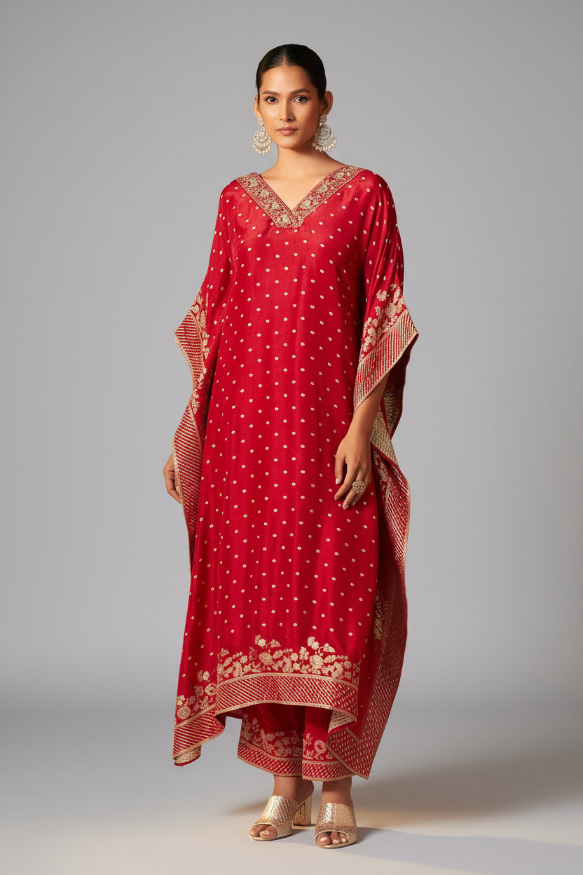 Red Dola Silk Festive Kaftan Set