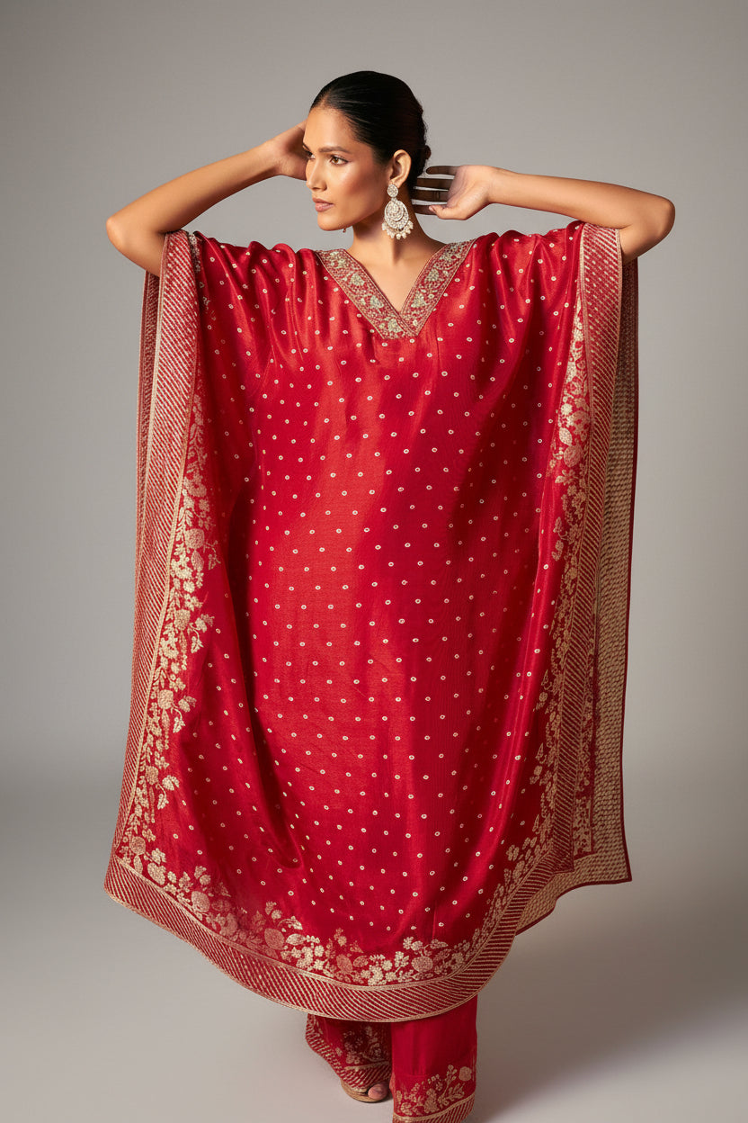 Red Dola Silk Festive Kaftan Set