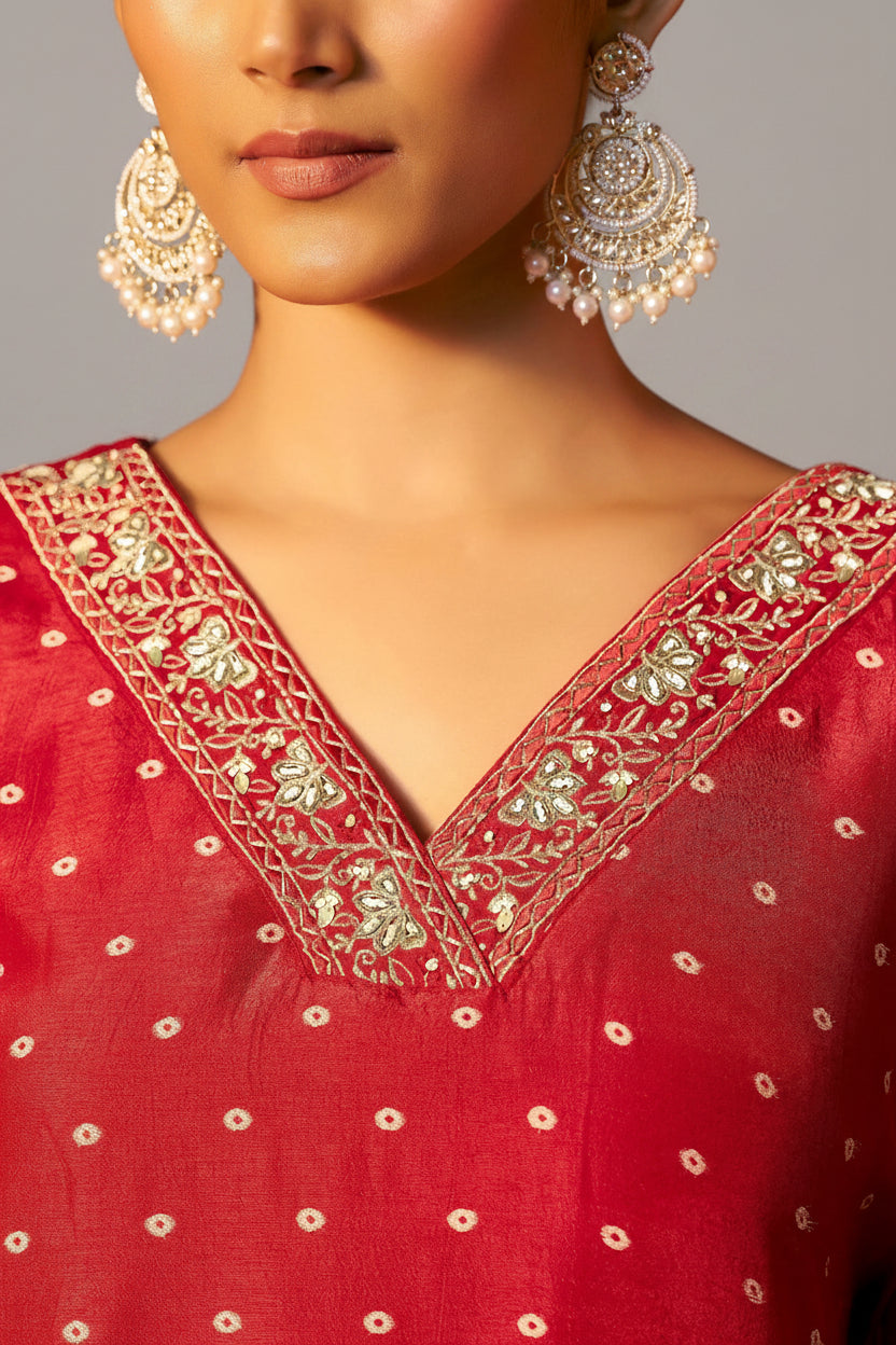 Red Dola Silk Festive Kaftan Set