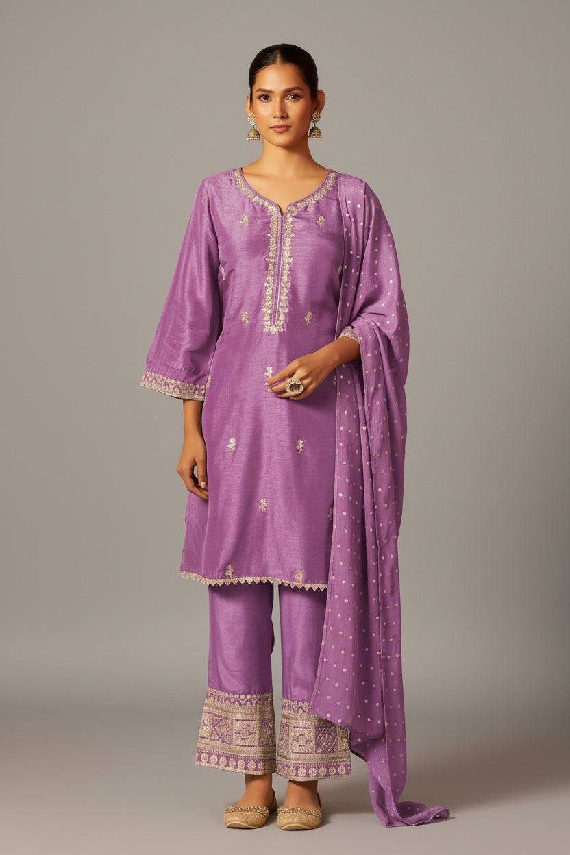 Embroidered Dola Silk Kurti Set