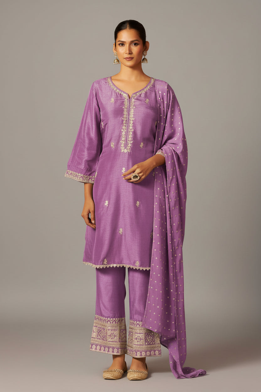 Embroidered Dola Silk Kurti Set