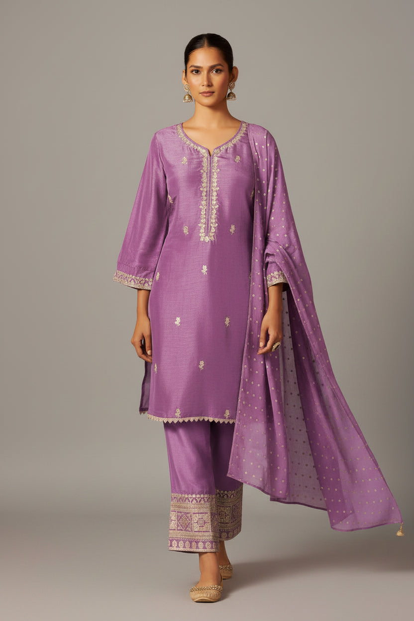 Embroidered Dola Silk Kurti Set