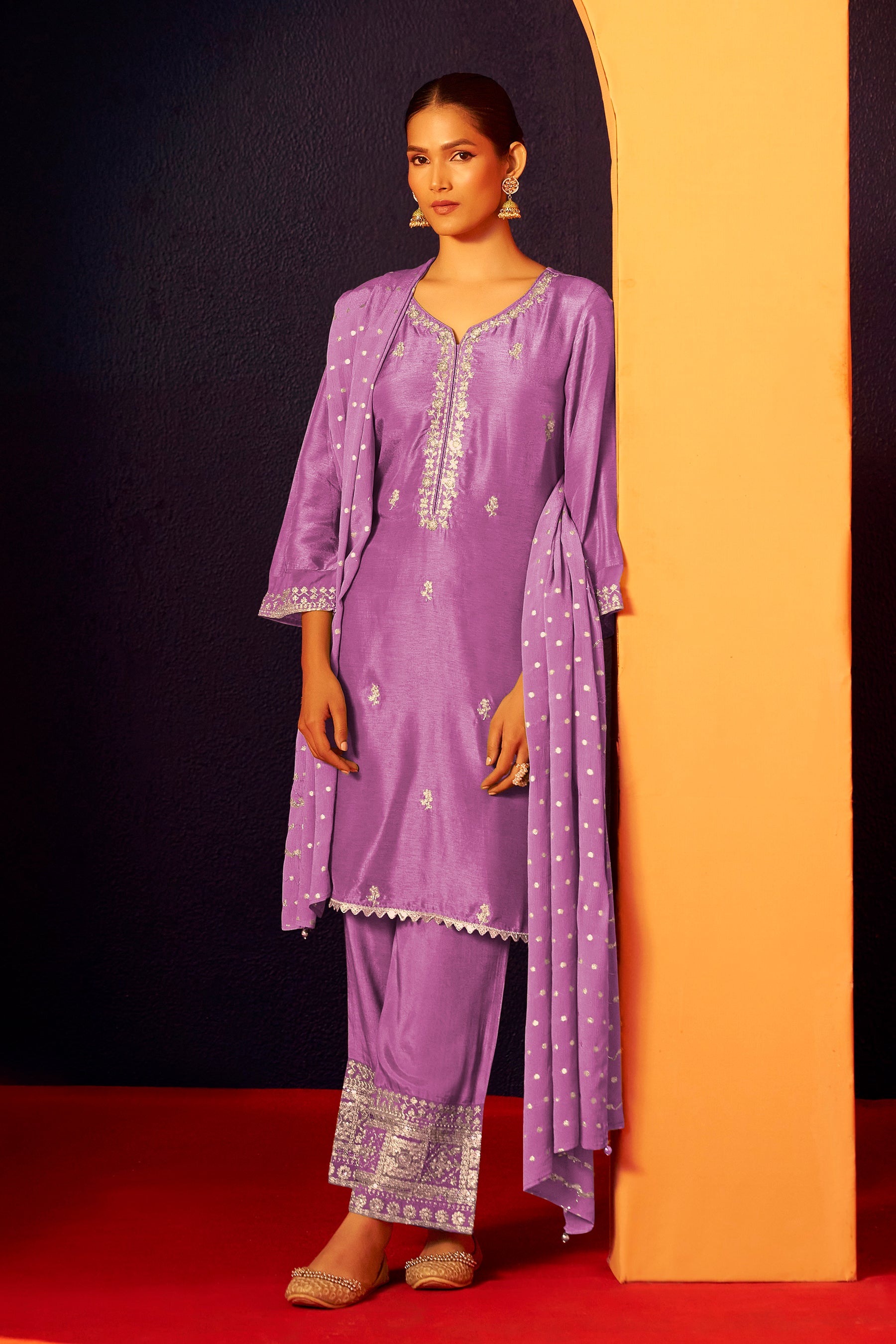 Embroidered Dola Silk Kurti Set