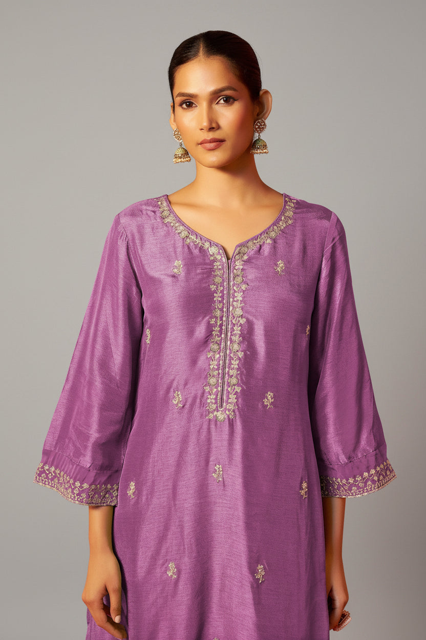 Embroidered Dola Silk Kurti Set
