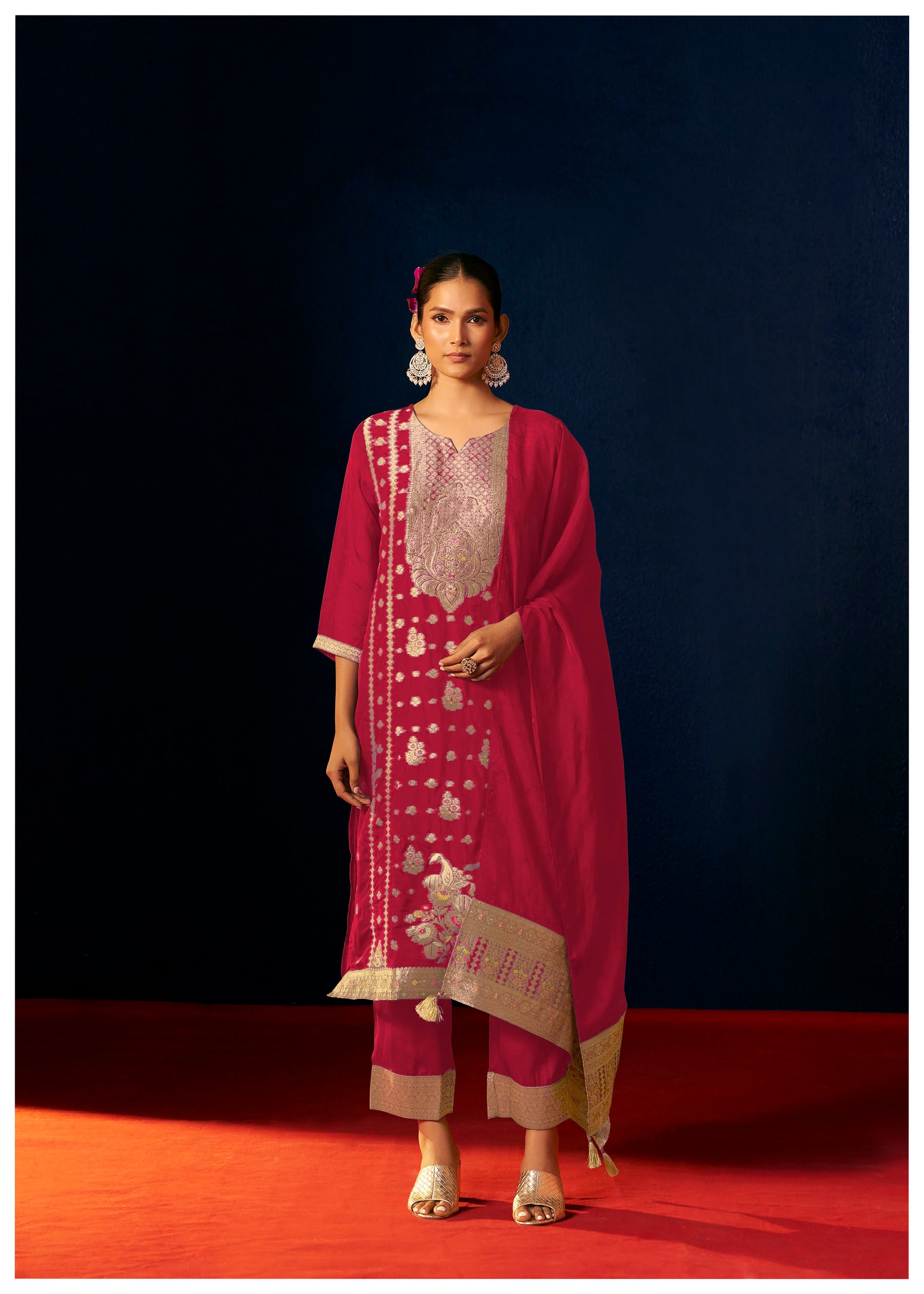Emberlyn Red Organza Jacquard Kurta Set
