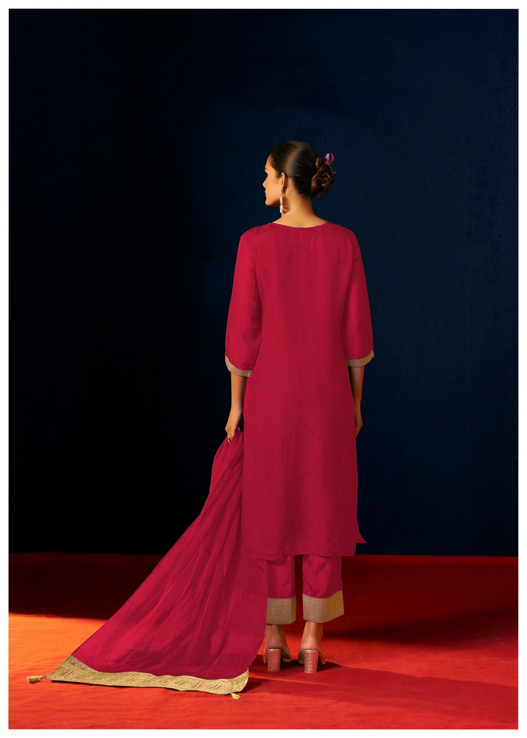 Emberlyn Red Organza Jacquard Kurta Set