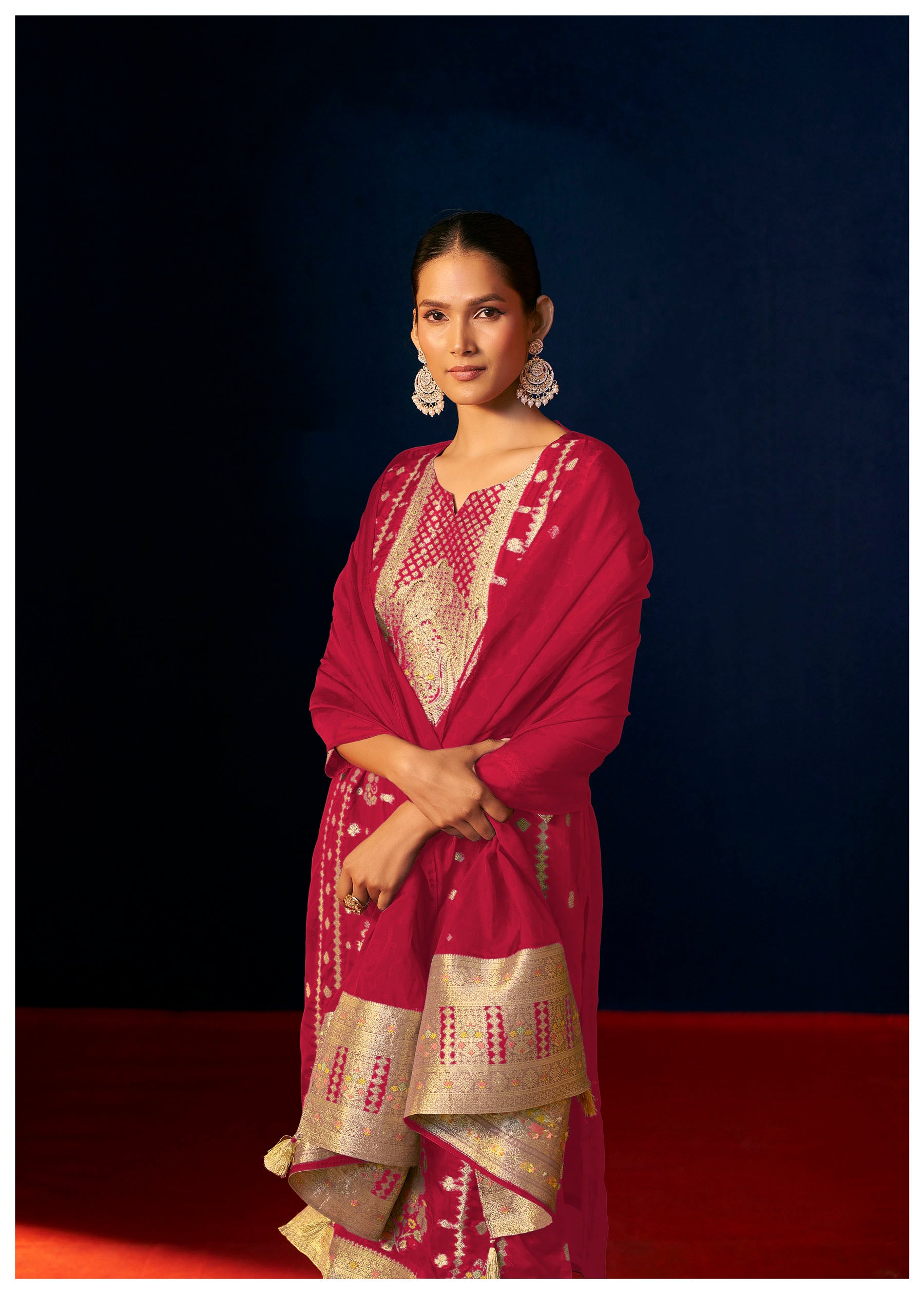 Emberlyn Red Organza Jacquard Kurta Set
