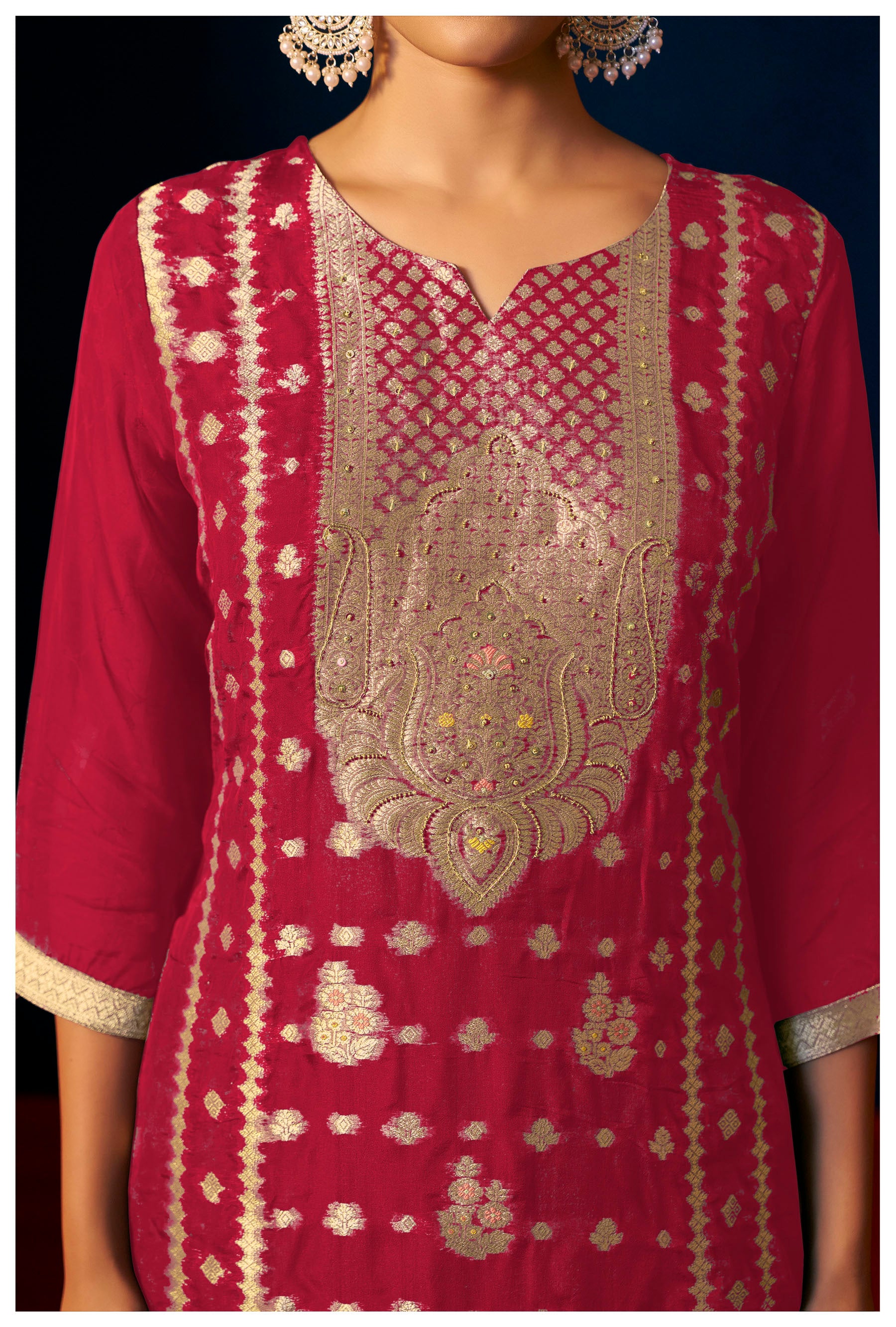 Emberlyn Red Organza Jacquard Kurta Set