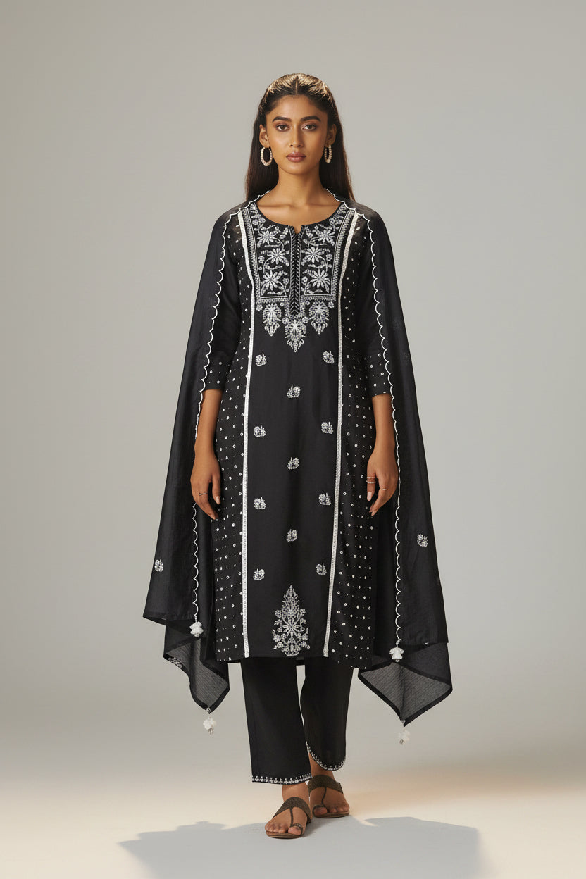 Midnight Chikankari Modal Chanderi Kurta Set