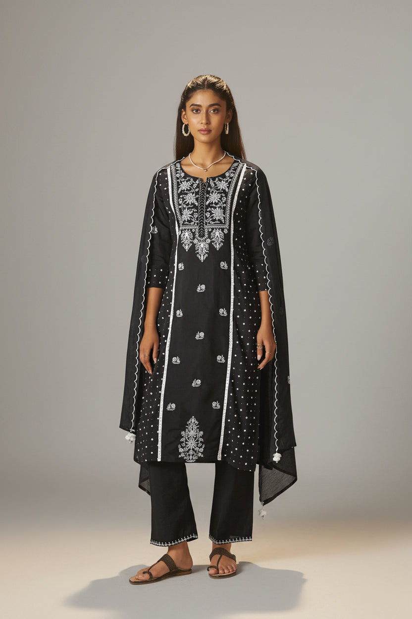 Midnight Chikankari Modal Chanderi Kurta Set
