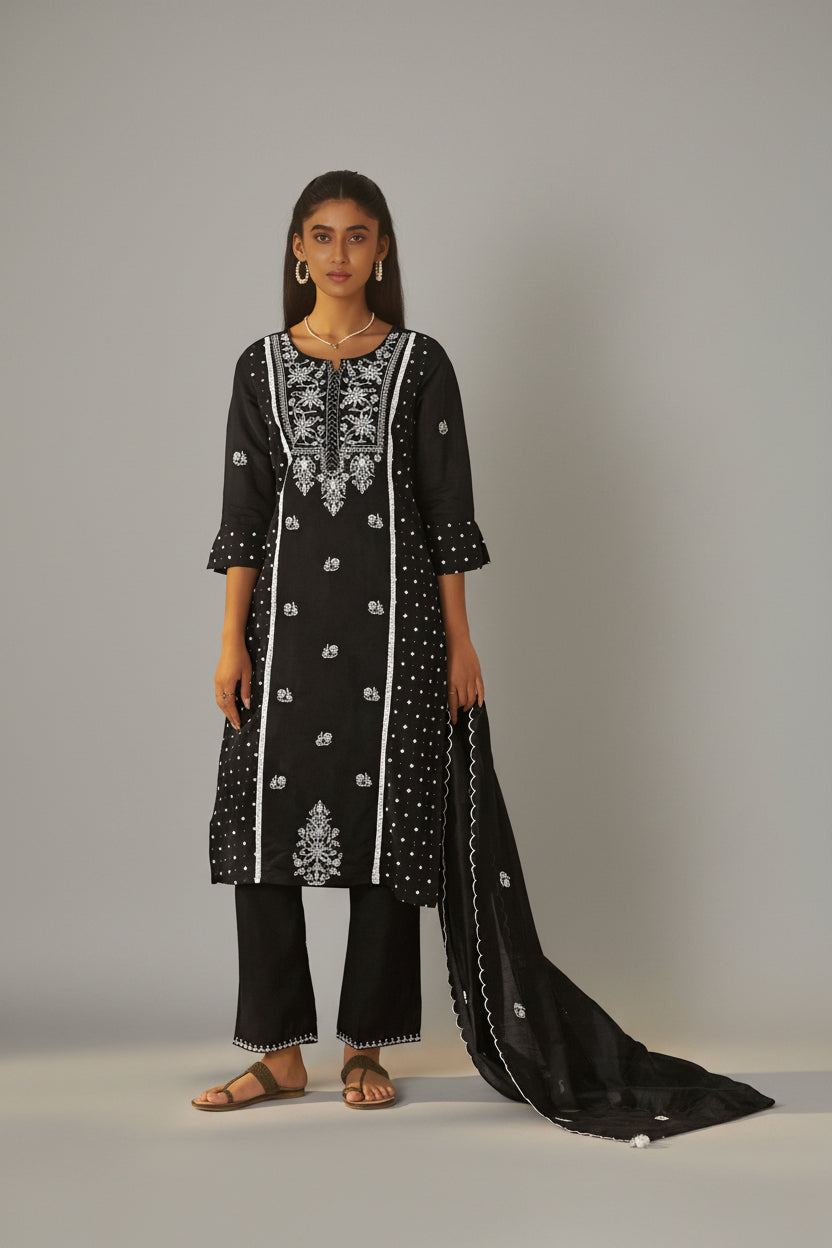 Midnight Chikankari Modal Chanderi Kurta Set