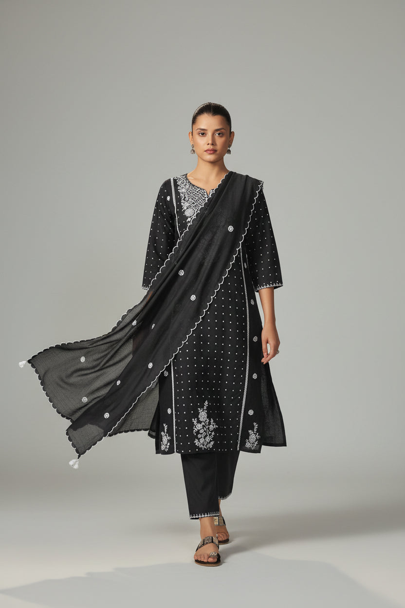 Black Chikankari Modal Chanderi Kurta Set