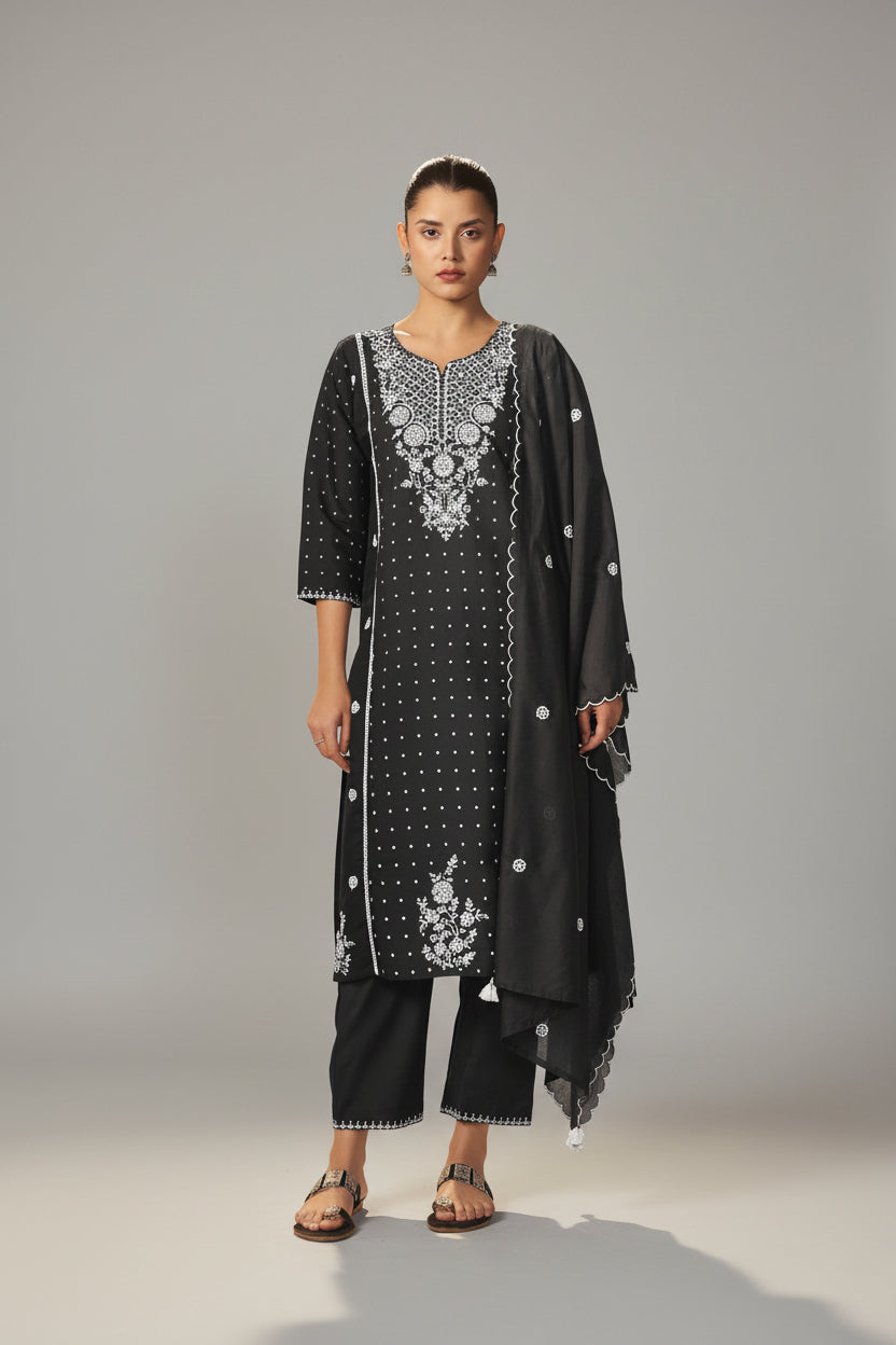 Black Chikankari Modal Chanderi Kurta Set
