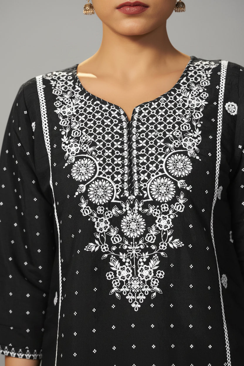 Black Chikankari Modal Chanderi Kurta Set