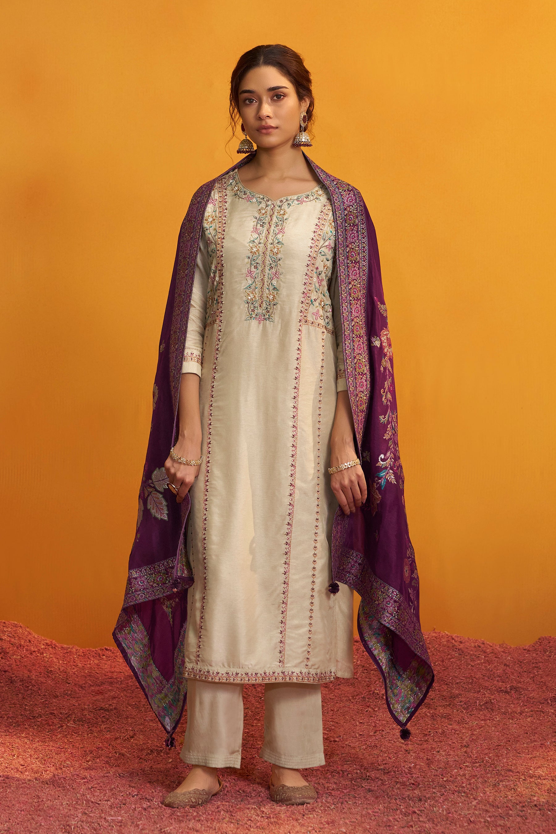 Russian Silk Kurta with Contrast Jacquard Dupatta – Cream