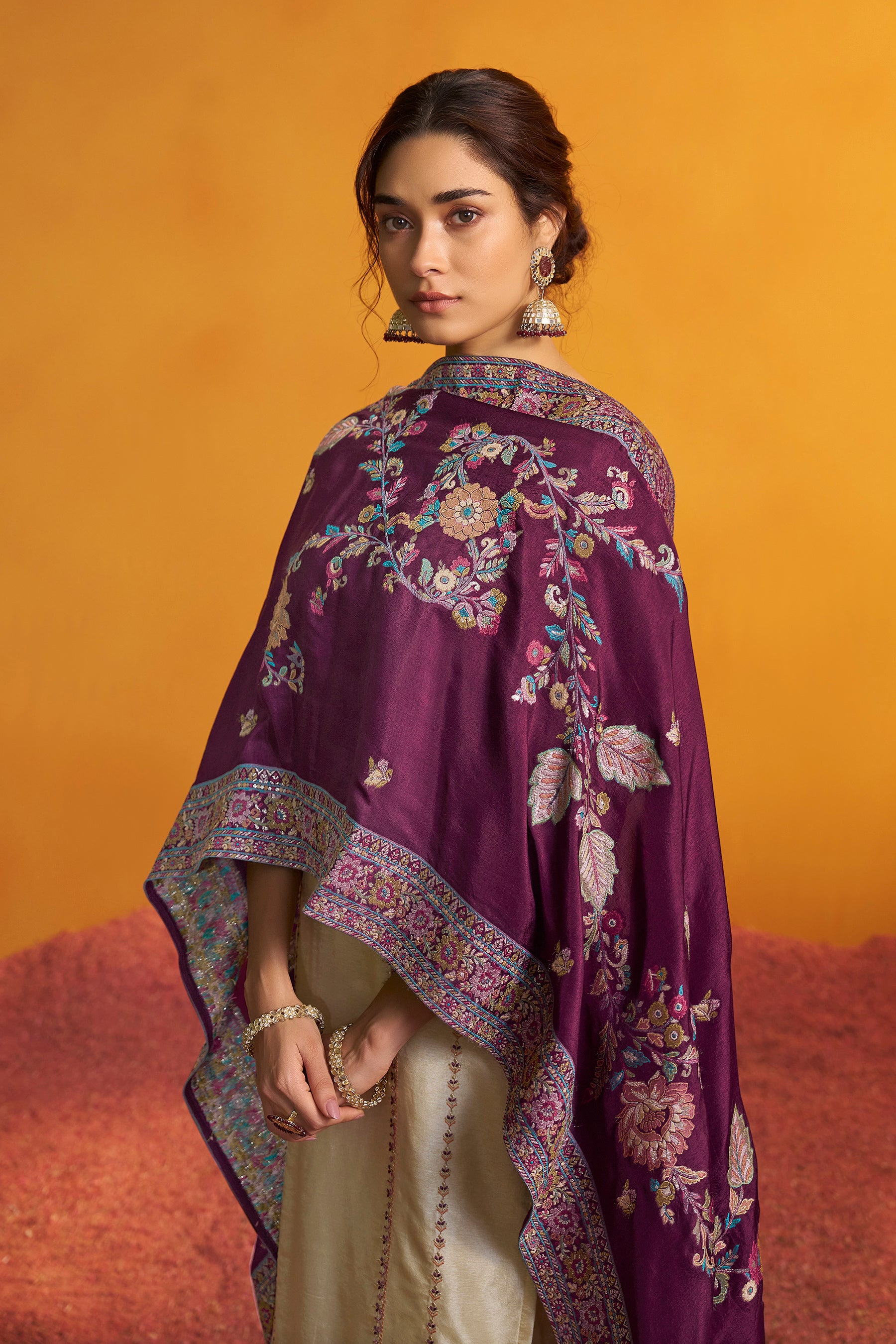 Russian Silk Kurta with Contrast Jacquard Dupatta – Cream