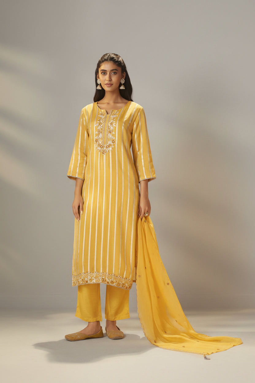 Yellow Organza Jacquard Festive Kurta Set