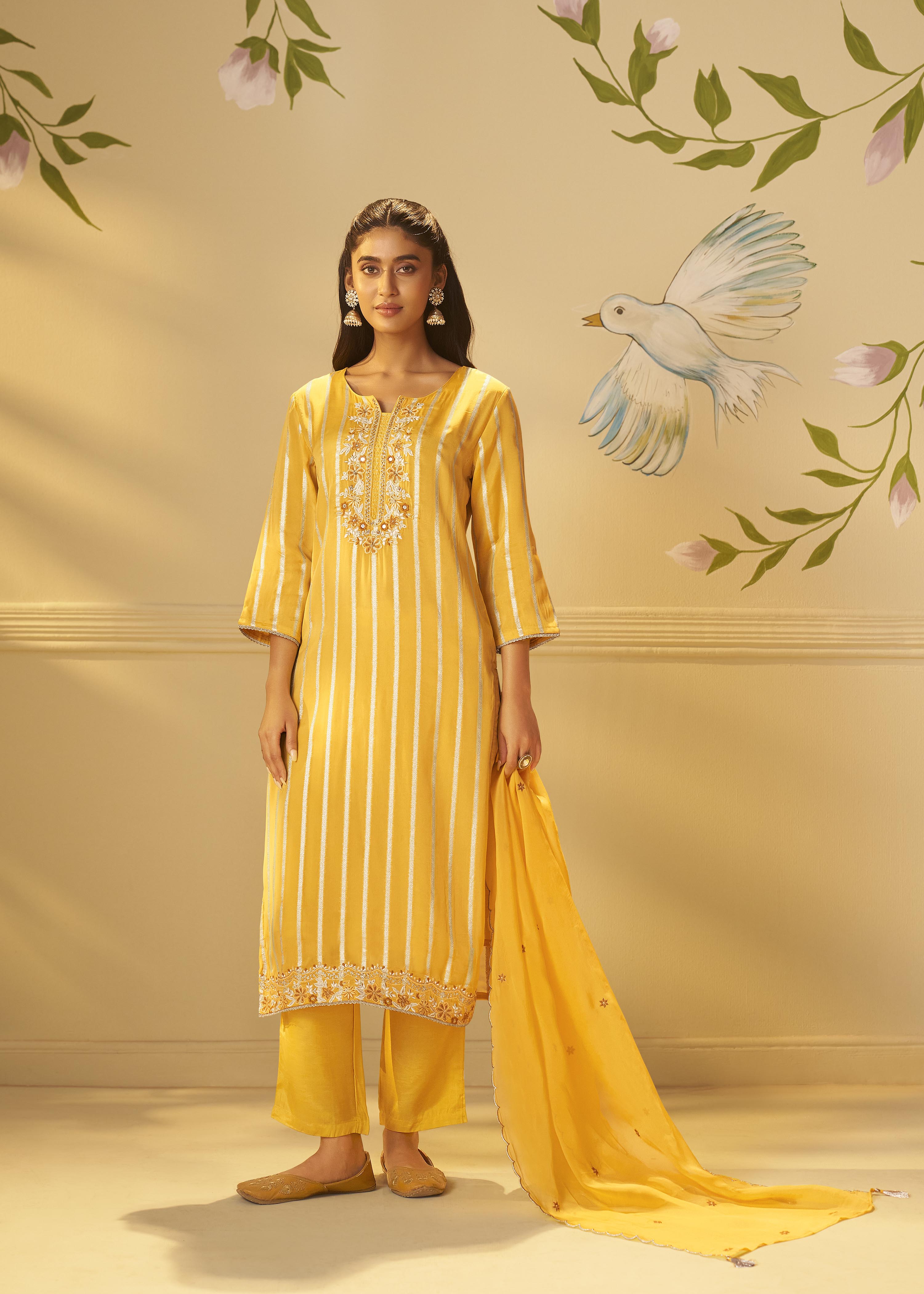 Yellow Organza Jacquard Festive Kurta Set