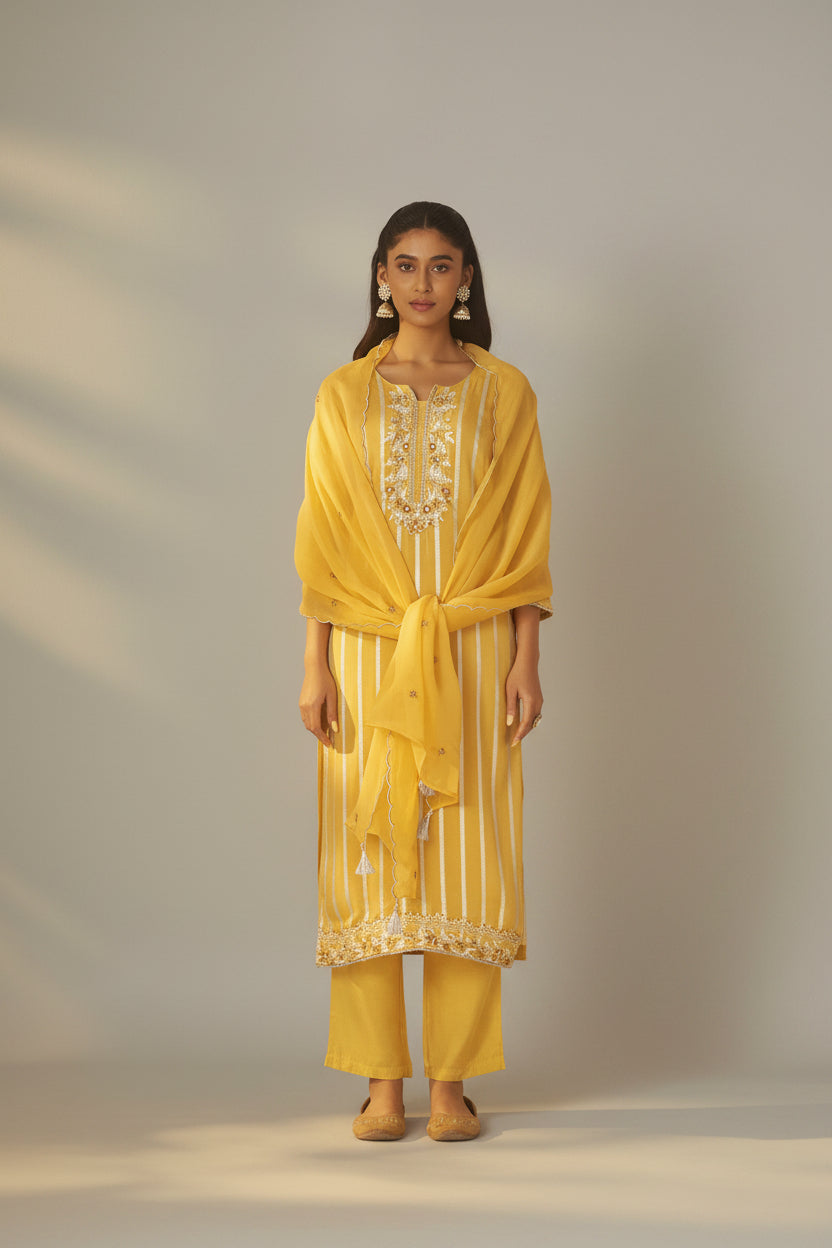 Yellow Organza Jacquard Festive Kurta Set