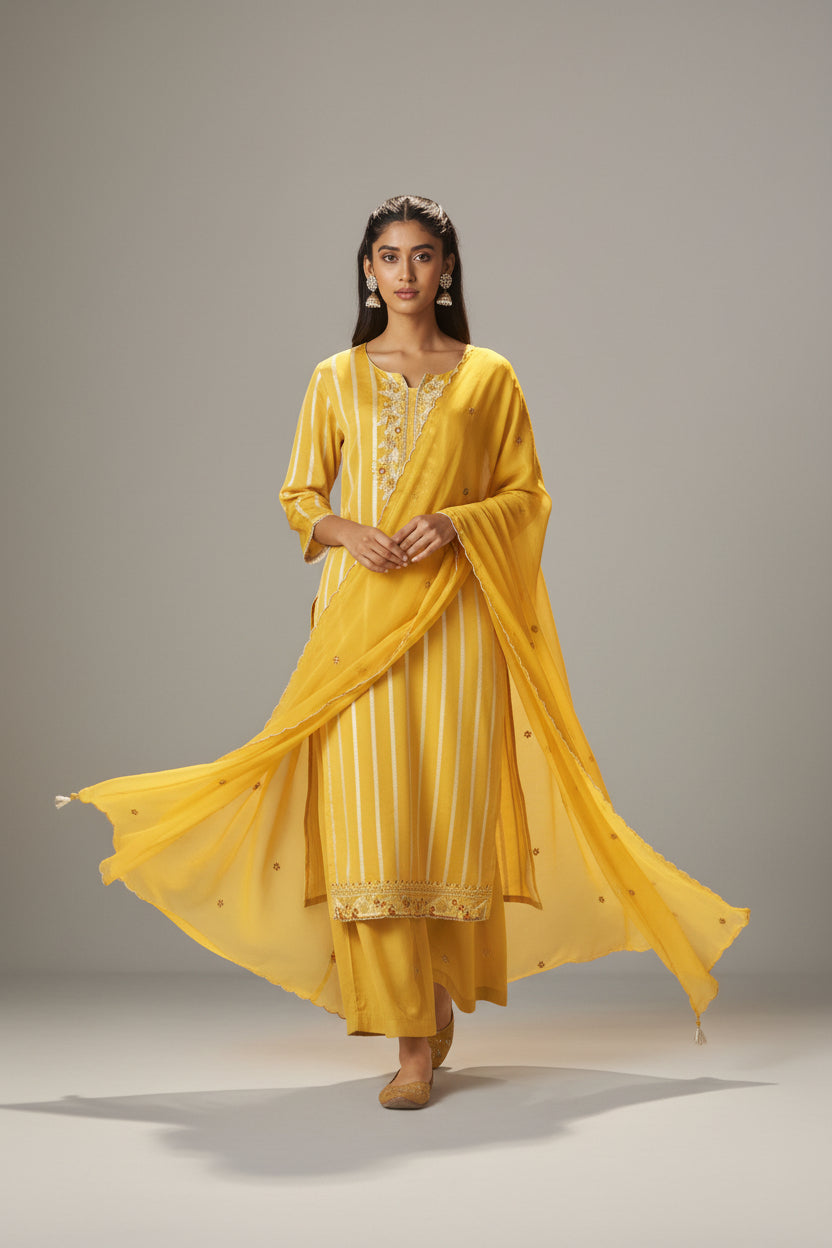 Yellow Organza Jacquard Festive Kurta Set