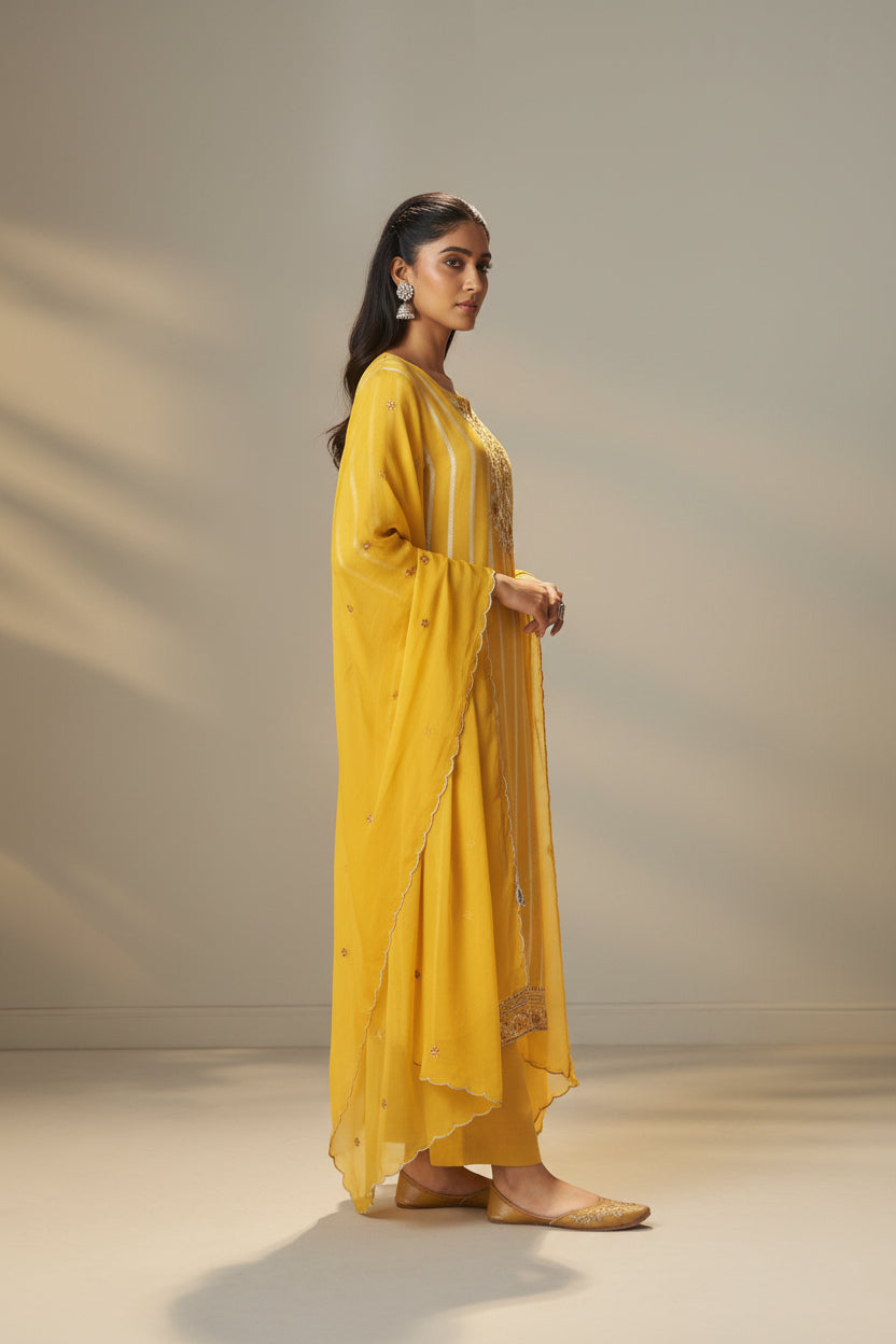 Yellow Organza Jacquard Festive Kurta Set